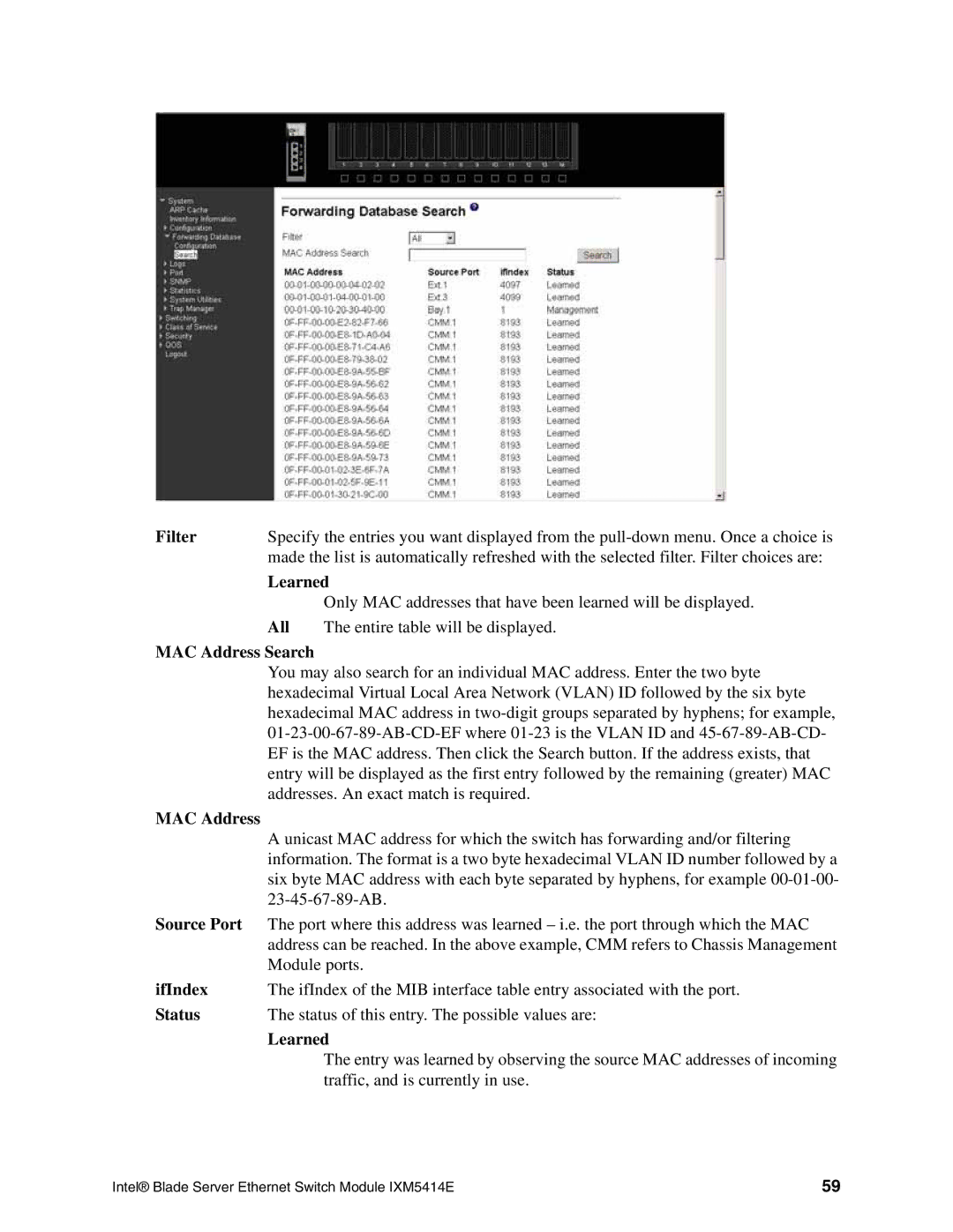 Intel IXM5414E manual Filter, Learned, MAC Address Search, IfIndex, Status 