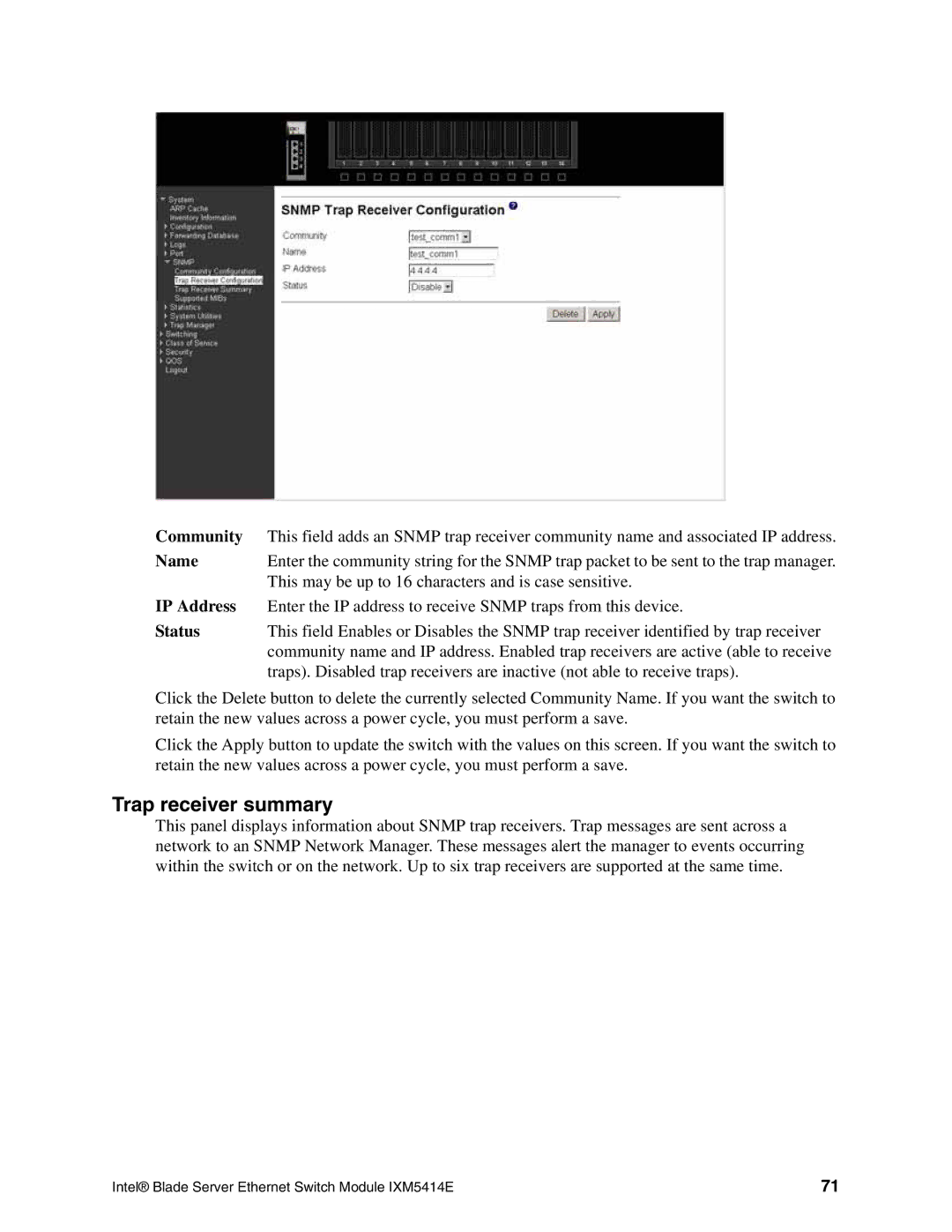 Intel IXM5414E manual Trap receiver summary 