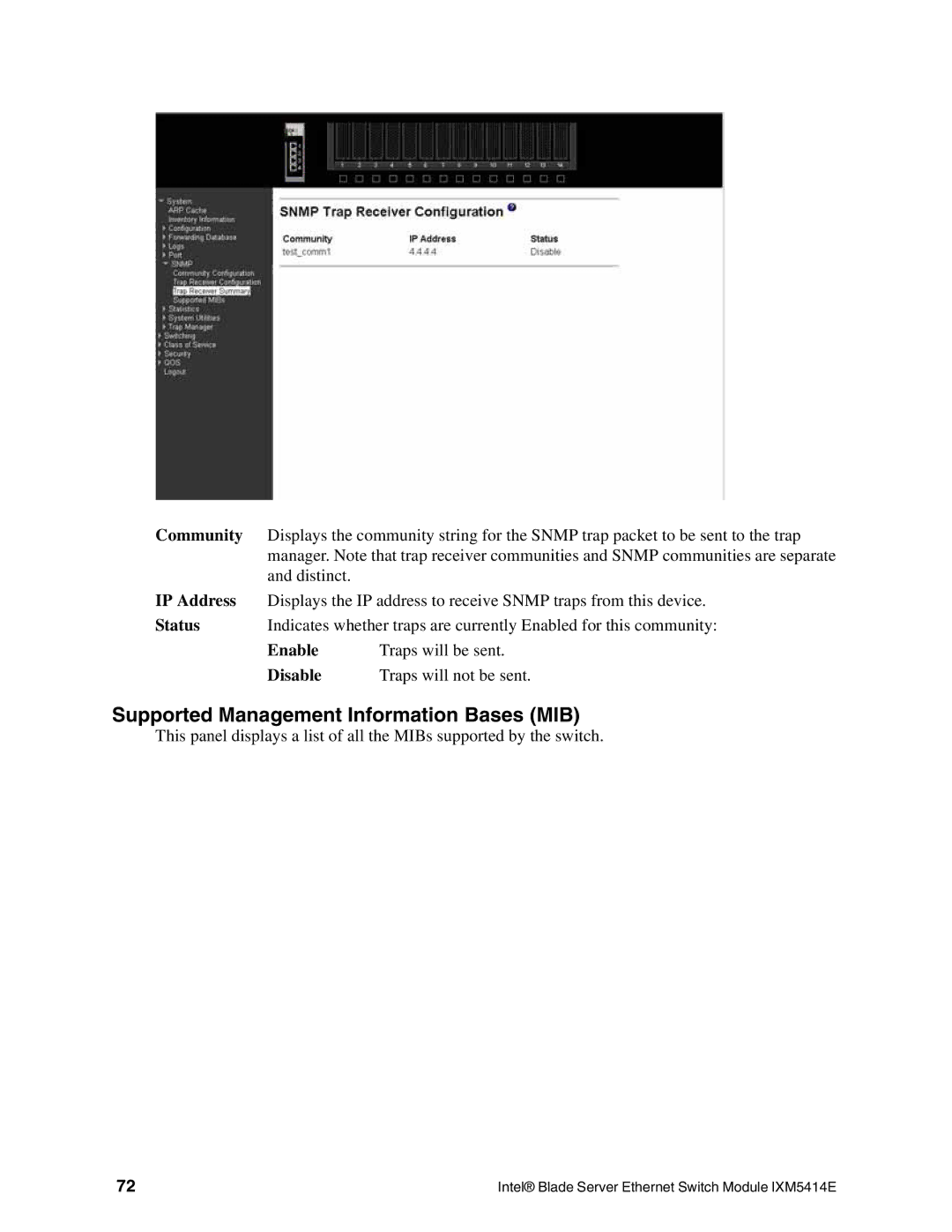 Intel IXM5414E manual Supported Management Information Bases MIB, IP Address, Enable, Disable 