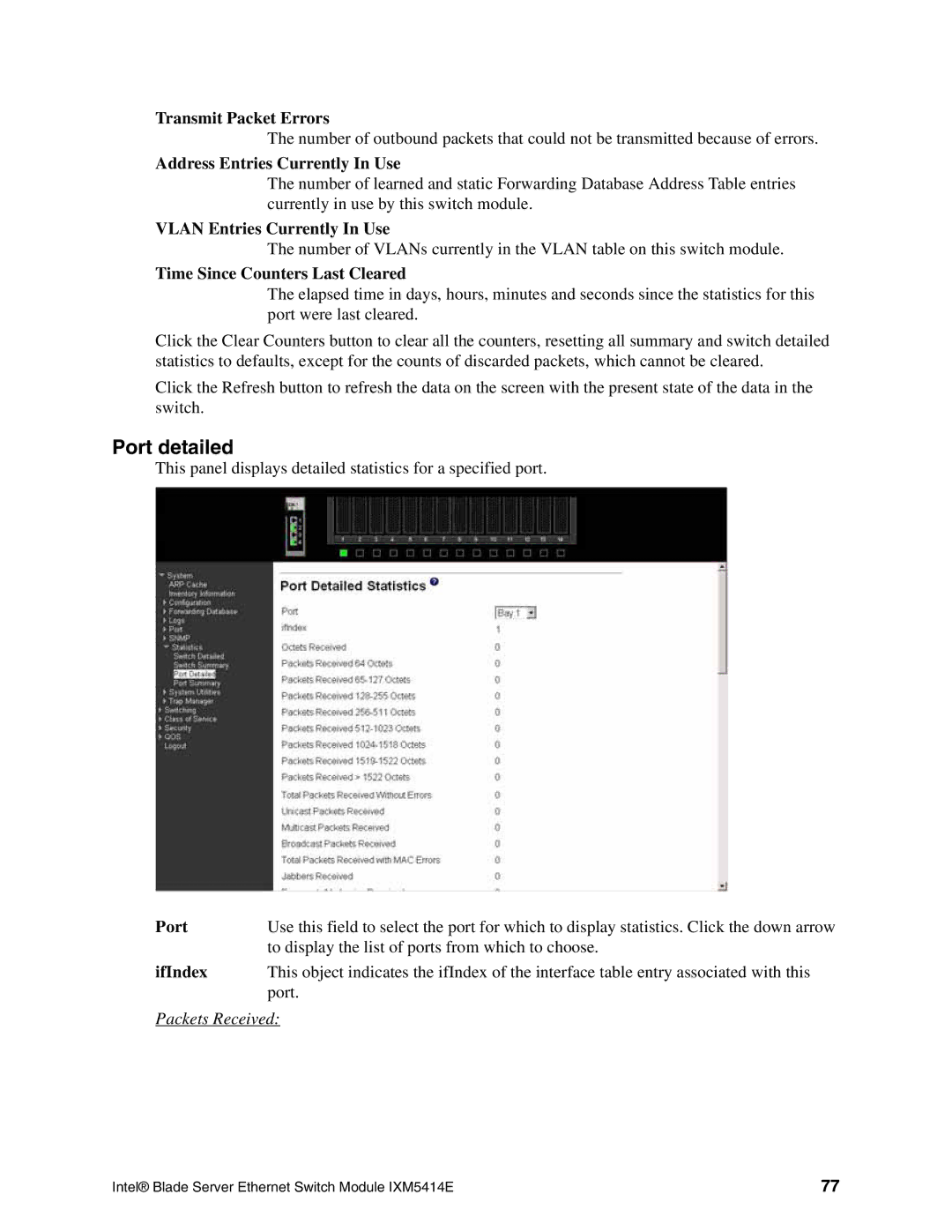 Intel IXM5414E Port detailed, Transmit Packet Errors, Address Entries Currently In Use, Vlan Entries Currently In Use 