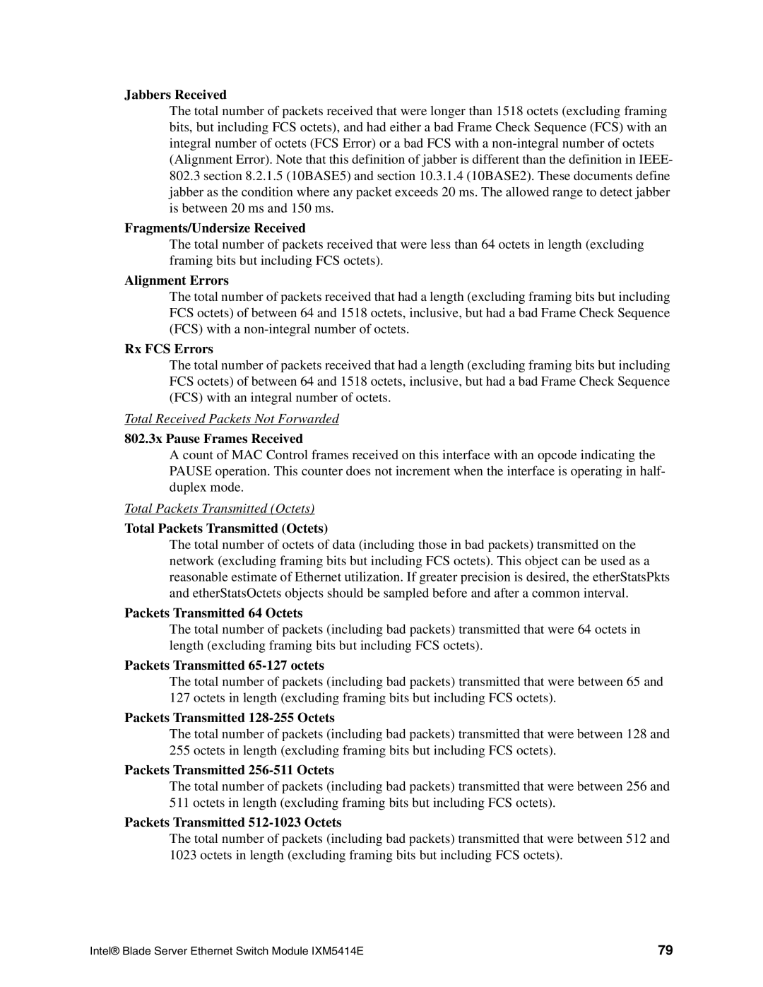 Intel IXM5414E manual Jabbers Received, Fragments/Undersize Received, Alignment Errors, Rx FCS Errors 