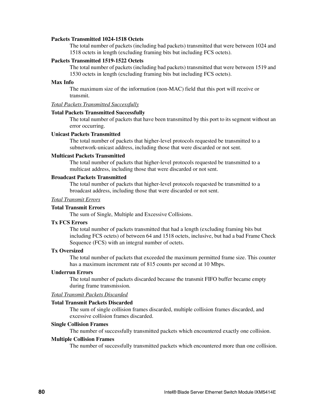 Intel IXM5414E Packets Transmitted 1024-1518 Octets, Packets Transmitted 1519-1522 Octets, Max Info, Total Transmit Errors 