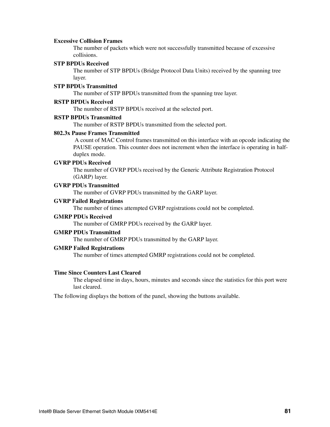 Intel IXM5414E manual Excessive Collision Frames, STP BPDUs Received, STP BPDUs Transmitted, Rstp BPDUs Received 