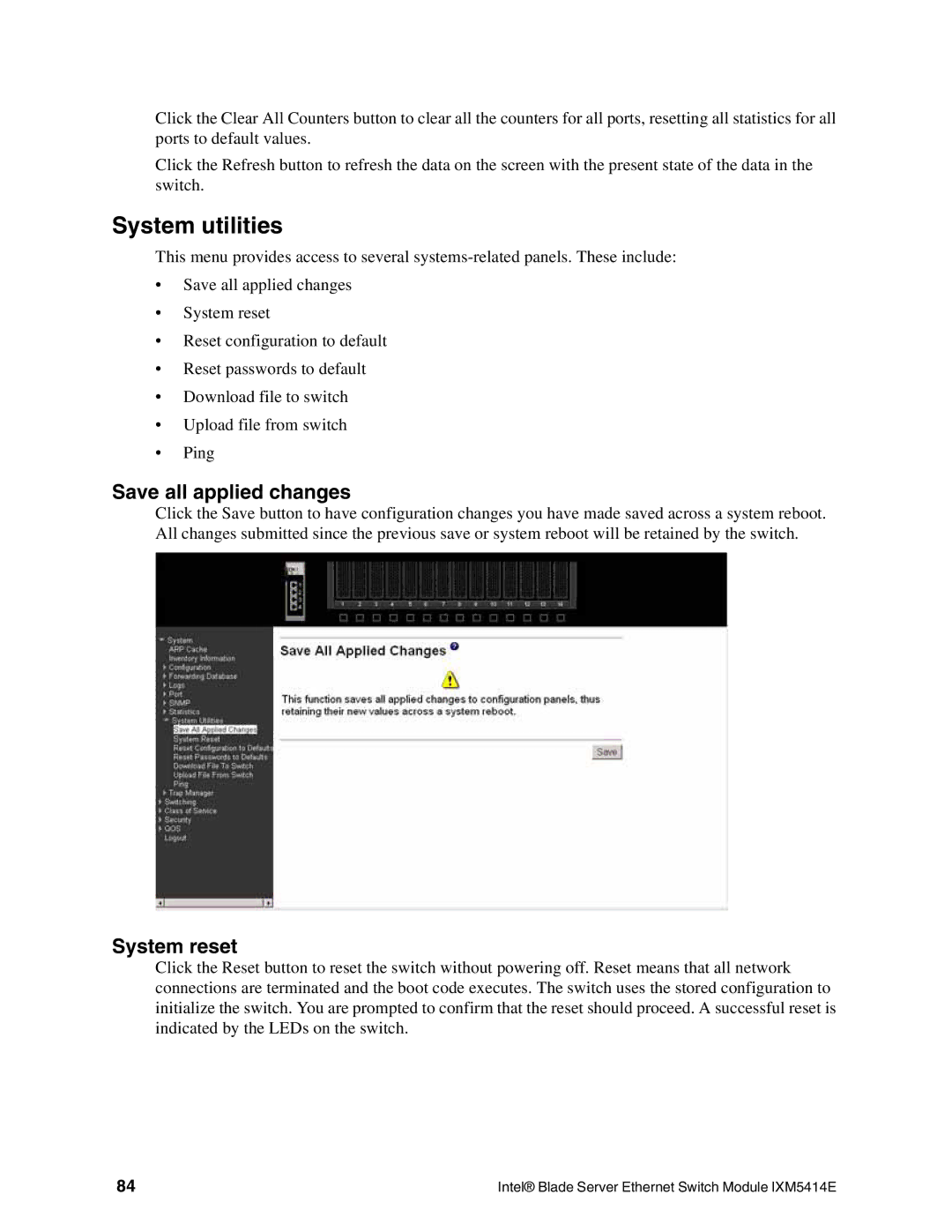 Intel IXM5414E manual System utilities, Save all applied changes, System reset 