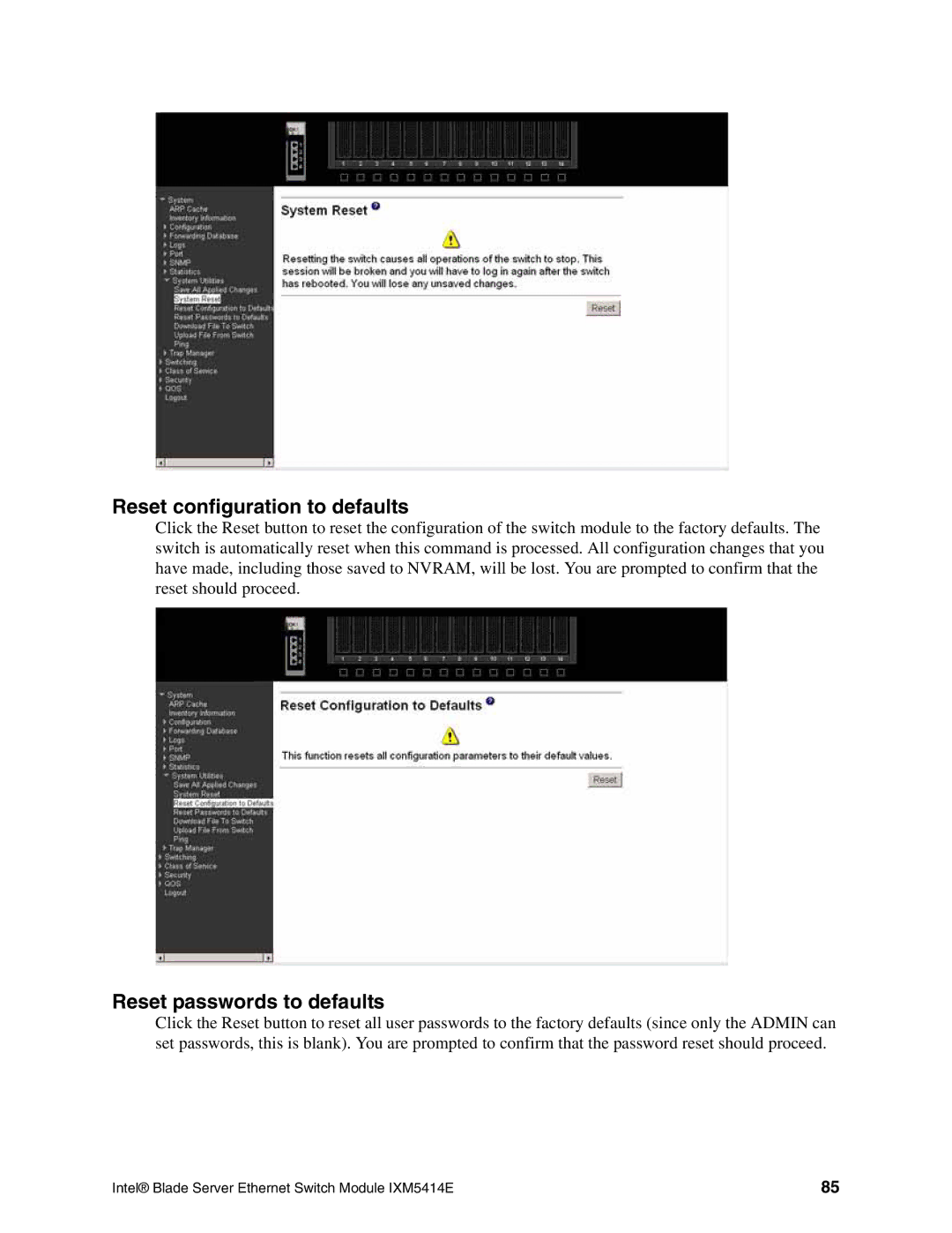 Intel IXM5414E manual Reset configuration to defaults, Reset passwords to defaults 