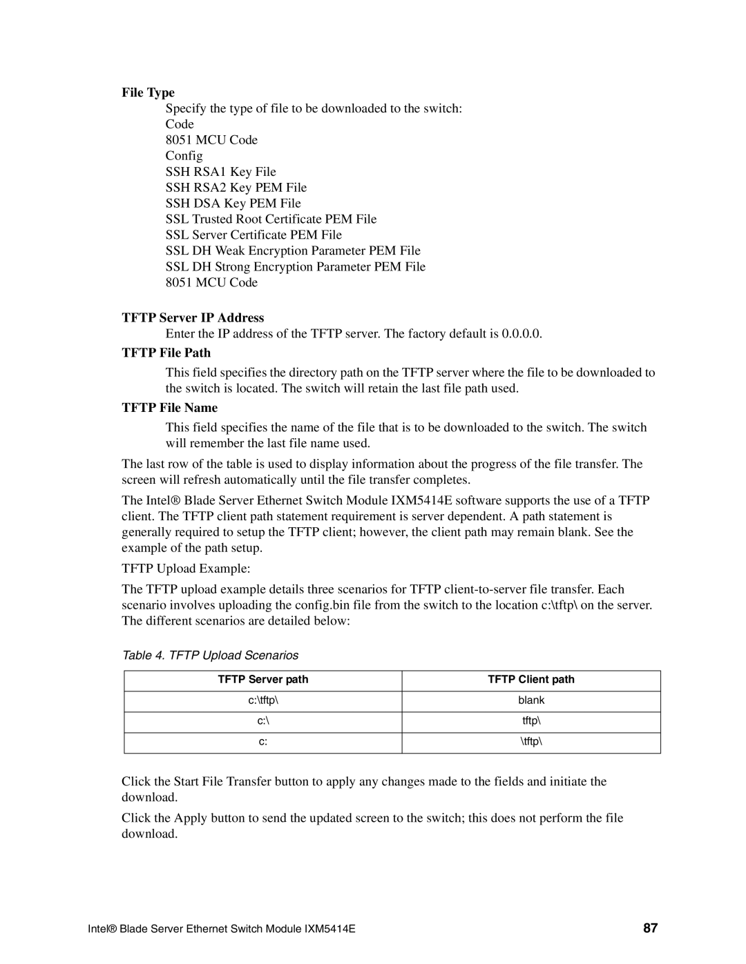 Intel IXM5414E manual File Type, Tftp Server IP Address, Tftp File Path, Tftp File Name, Tftp Server path Tftp Client path 