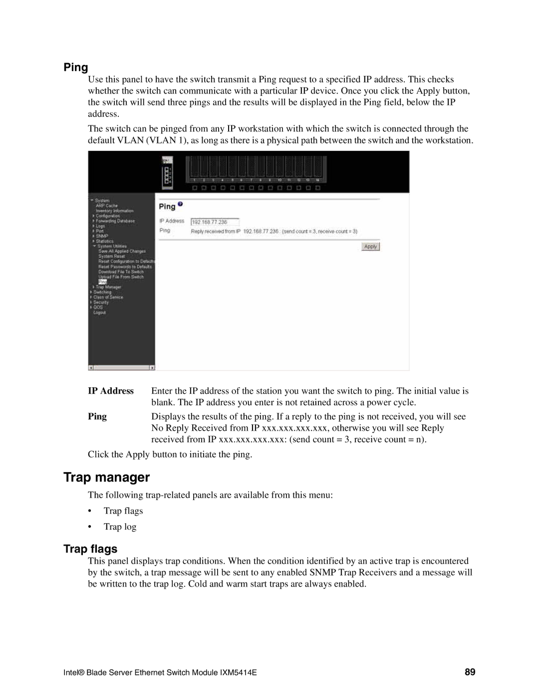 Intel IXM5414E manual Trap manager, Ping, Trap flags 