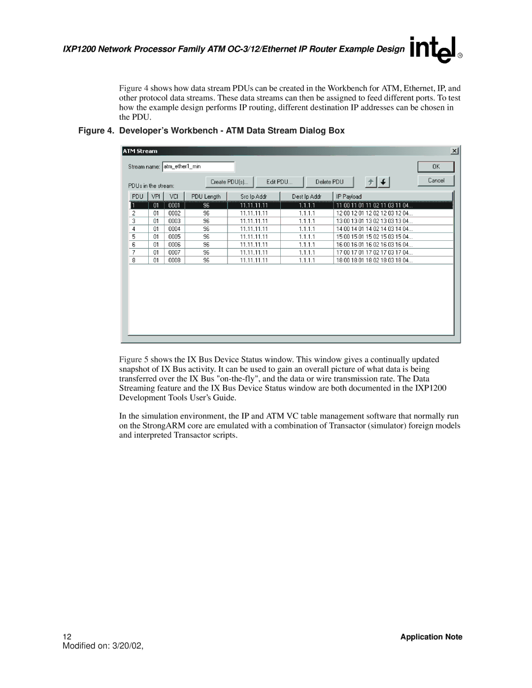 Intel IXP1200 manual Developer’s Workbench ATM Data Stream Dialog Box 