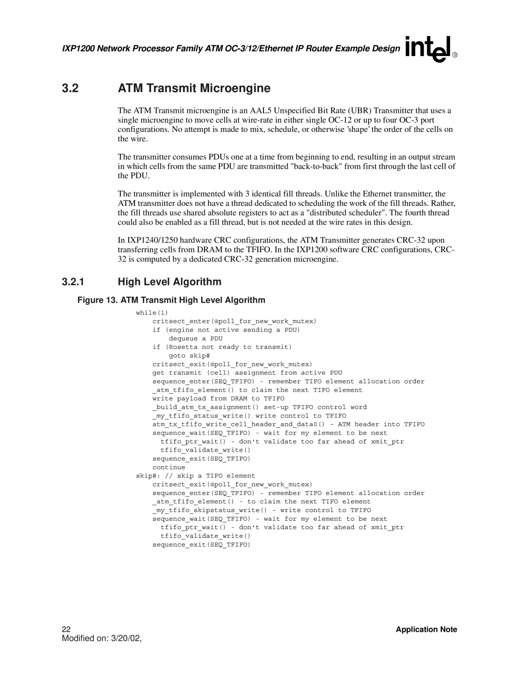 Intel IXP1200 manual ATM Transmit Microengine, ATM Transmit High Level Algorithm 