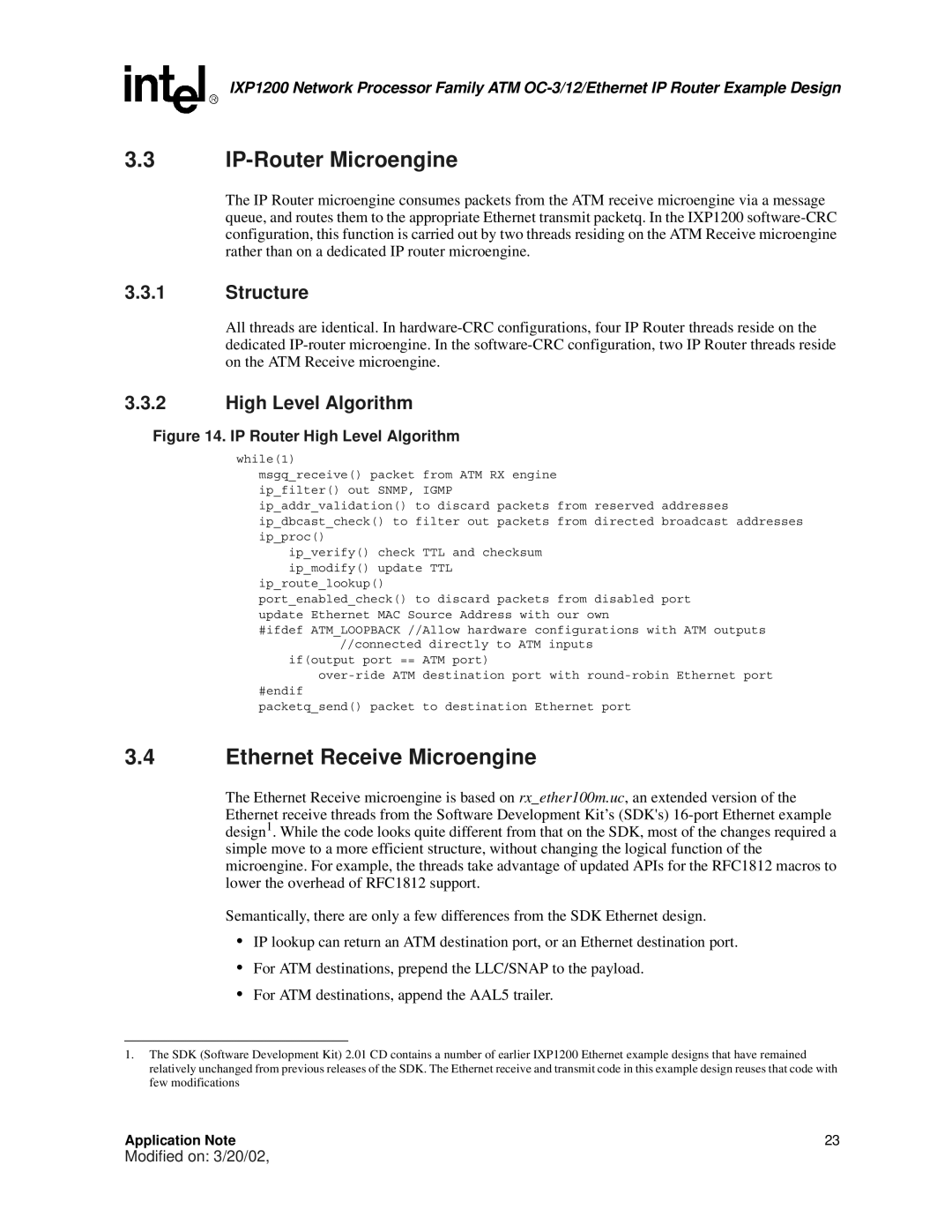 Intel IXP1200 manual IP-Router Microengine, Ethernet Receive Microengine 