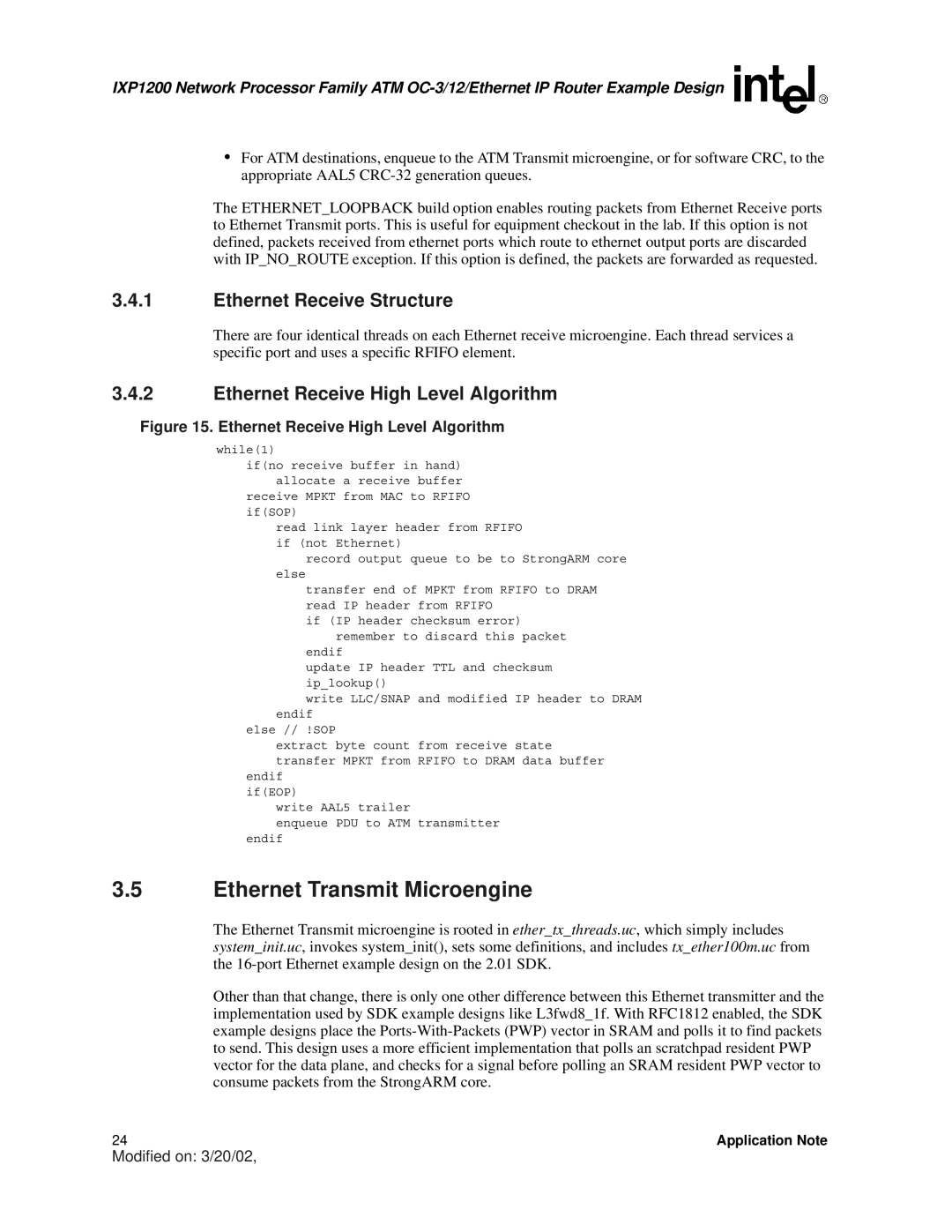 Intel IXP1200 manual Ethernet Transmit Microengine, Ethernet Receive Structure, Ethernet Receive High Level Algorithm 