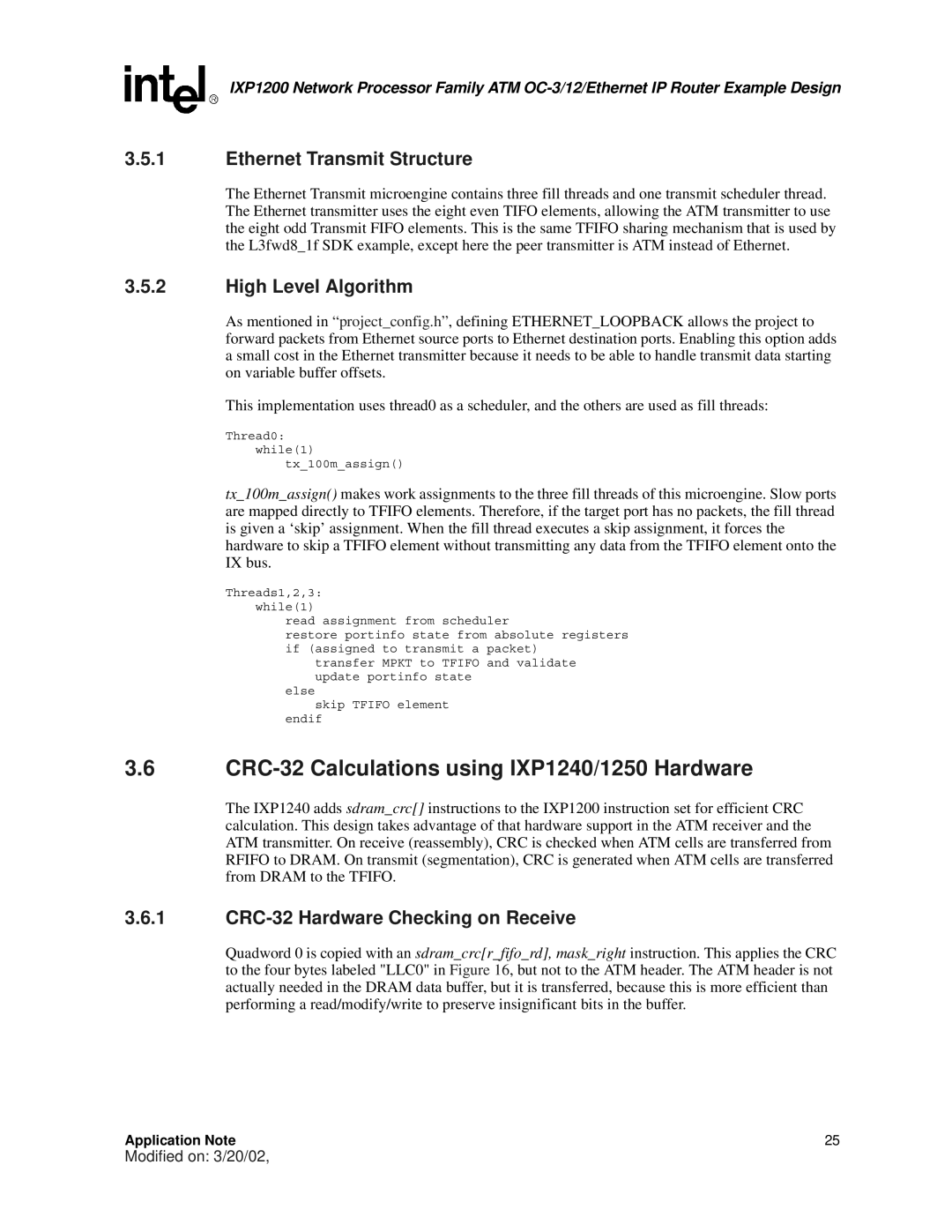 Intel IXP1200 manual CRC-32 Calculations using IXP1240/1250 Hardware, Ethernet Transmit Structure 