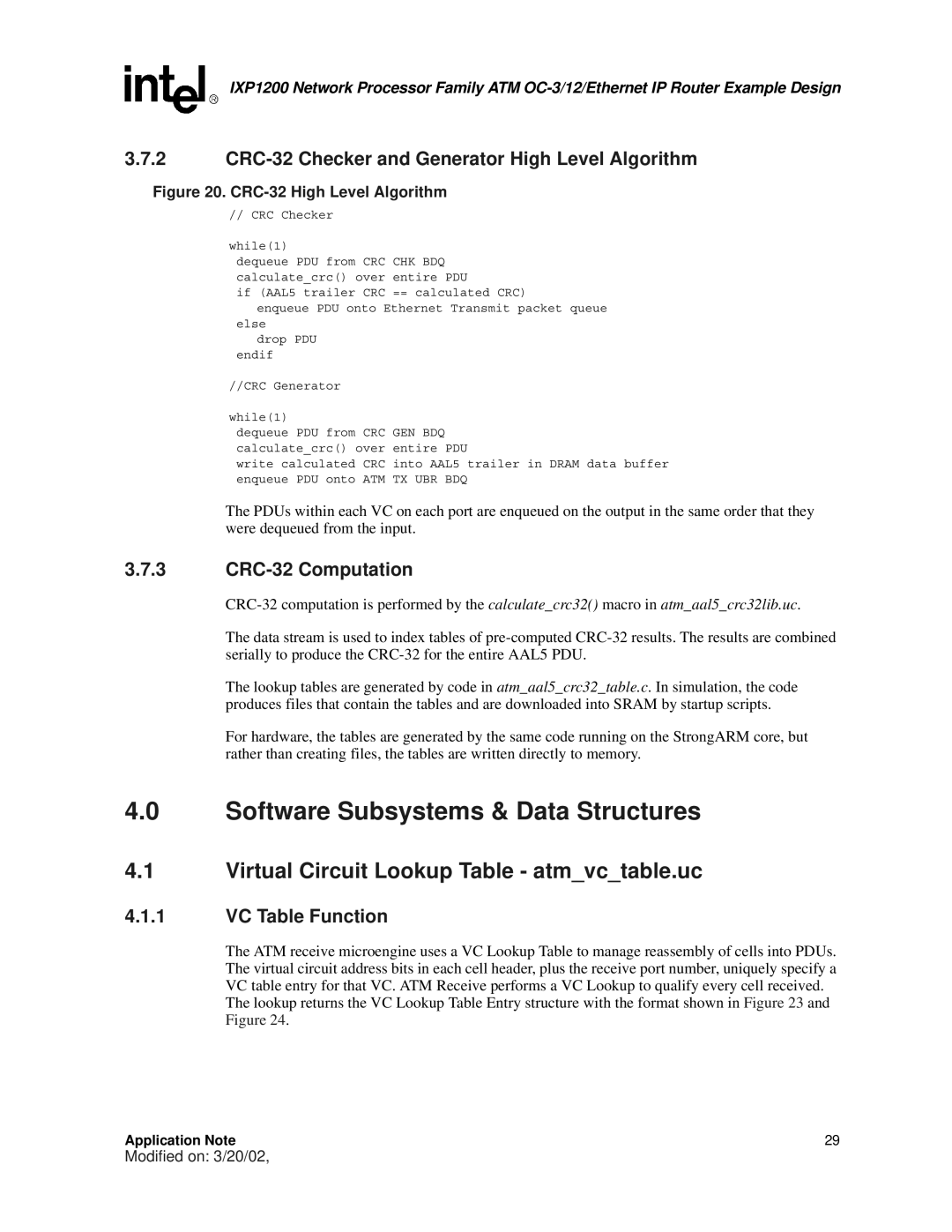 Intel IXP1200 manual Software Subsystems & Data Structures, Virtual Circuit Lookup Table atmvctable.uc, CRC-32 Computation 