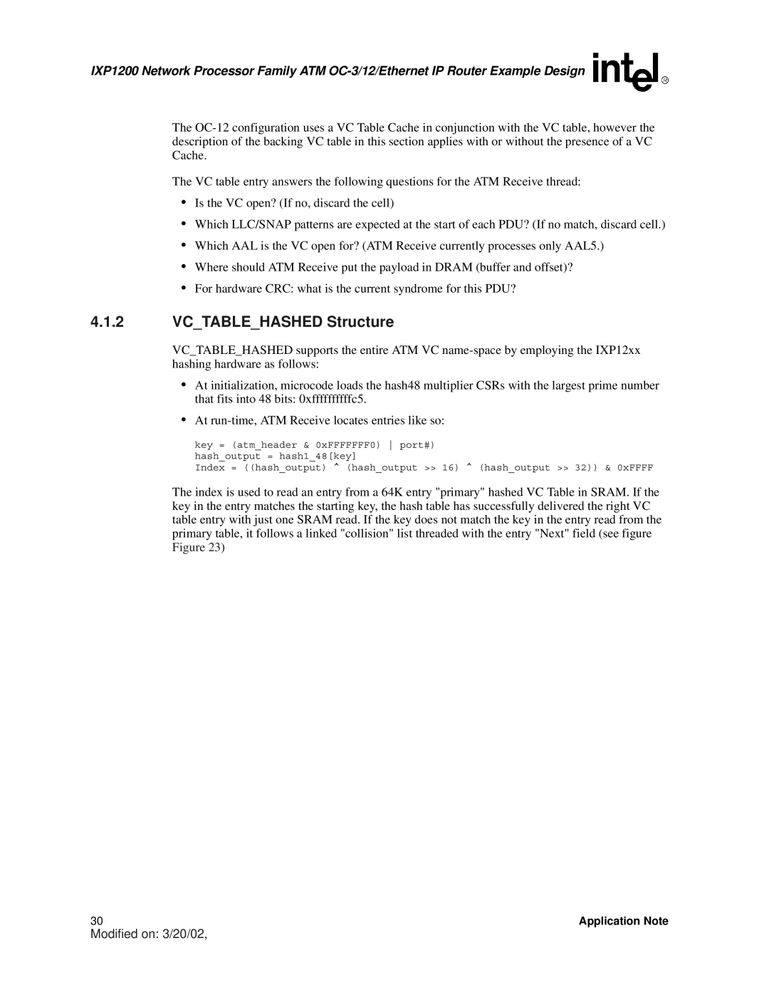 Intel IXP1200 manual Vctablehashed Structure 