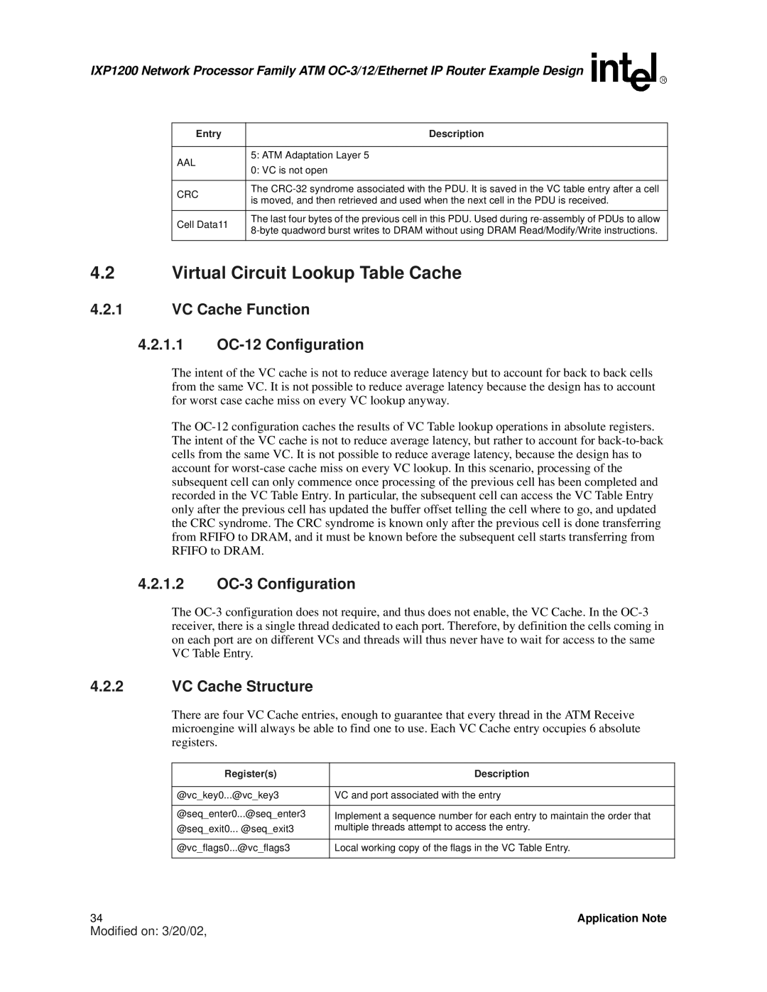 Intel IXP1200 manual Virtual Circuit Lookup Table Cache, VC Cache Function 1.1 OC-12 Configuration, 1.2 OC-3 Configuration 