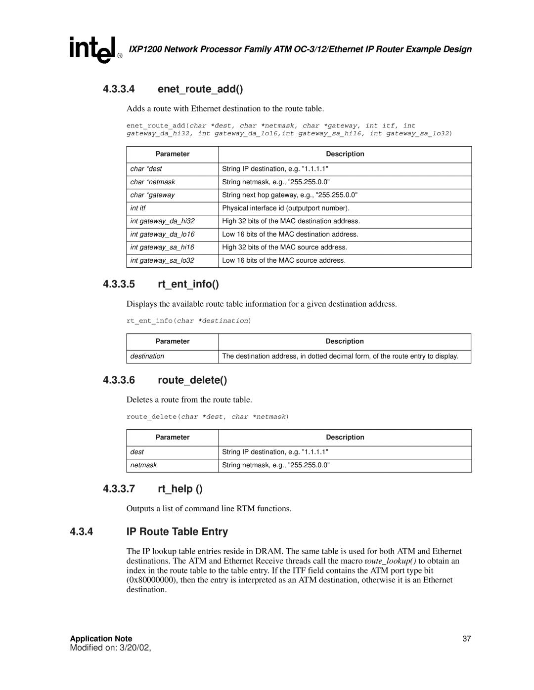 Intel IXP1200 manual Enetrouteadd, Rtentinfo, Routedelete, Rthelp, IP Route Table Entry 