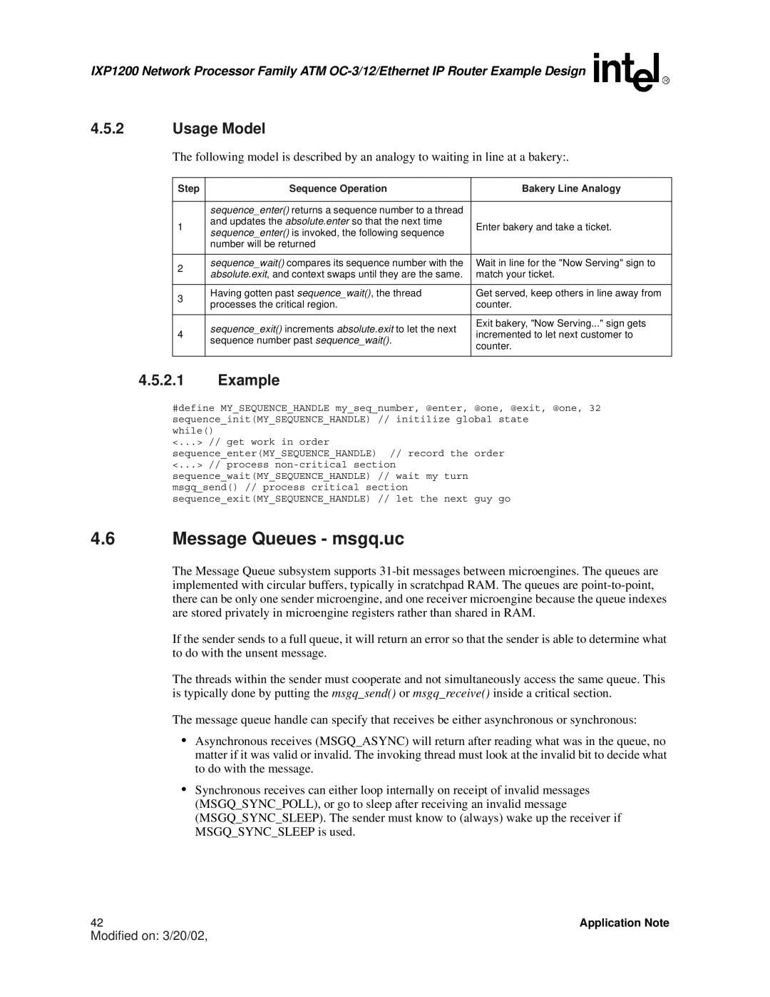 Intel IXP1200 manual Message Queues msgq.uc, Usage Model, Example, Step Sequence Operation Bakery Line Analogy 