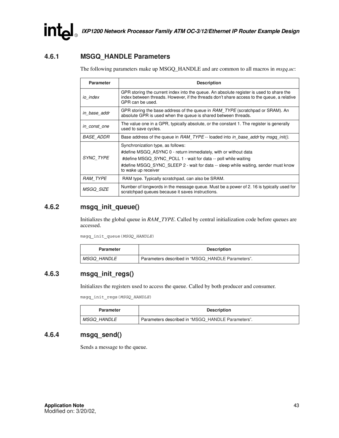 Intel IXP1200 manual Msgqhandle Parameters, Msgqinitqueue, Msgqinitregs, Msgqsend 