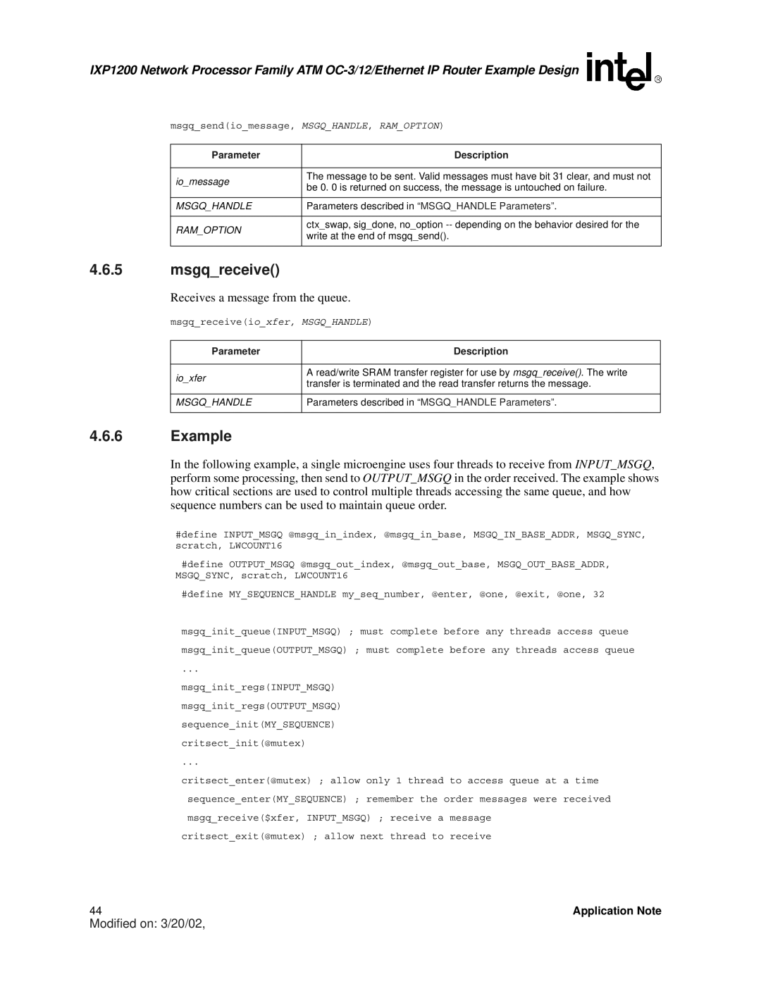 Intel IXP1200 manual Msgqreceive, Ramoption 