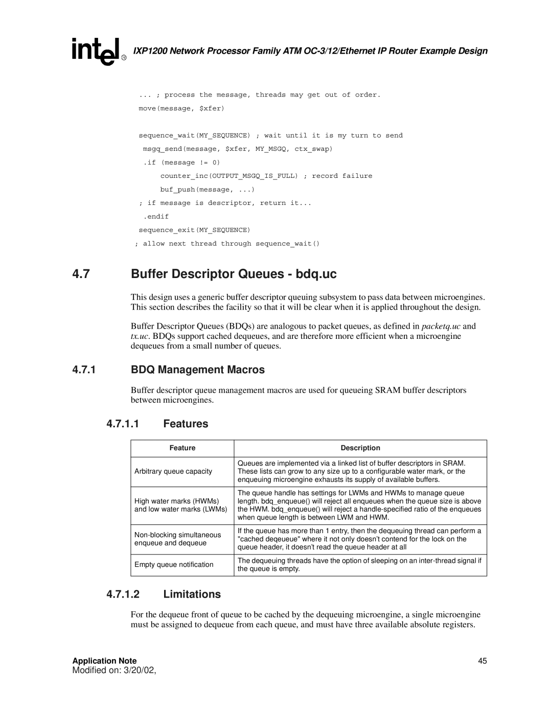 Intel IXP1200 manual Buffer Descriptor Queues bdq.uc, BDQ Management Macros, Features, Limitations, Feature Description 