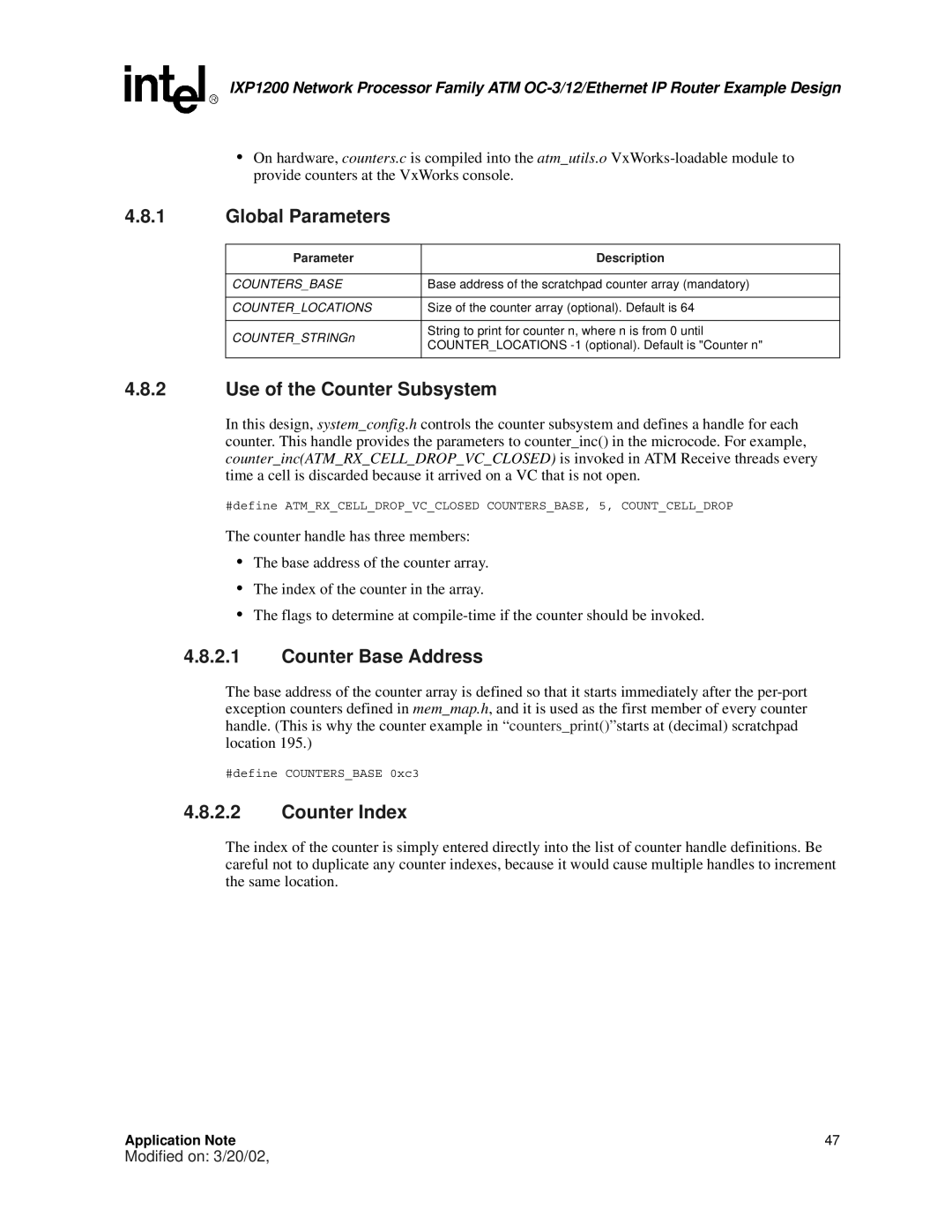 Intel IXP1200 manual Global Parameters, Use of the Counter Subsystem, Counter Base Address, Counter Index 