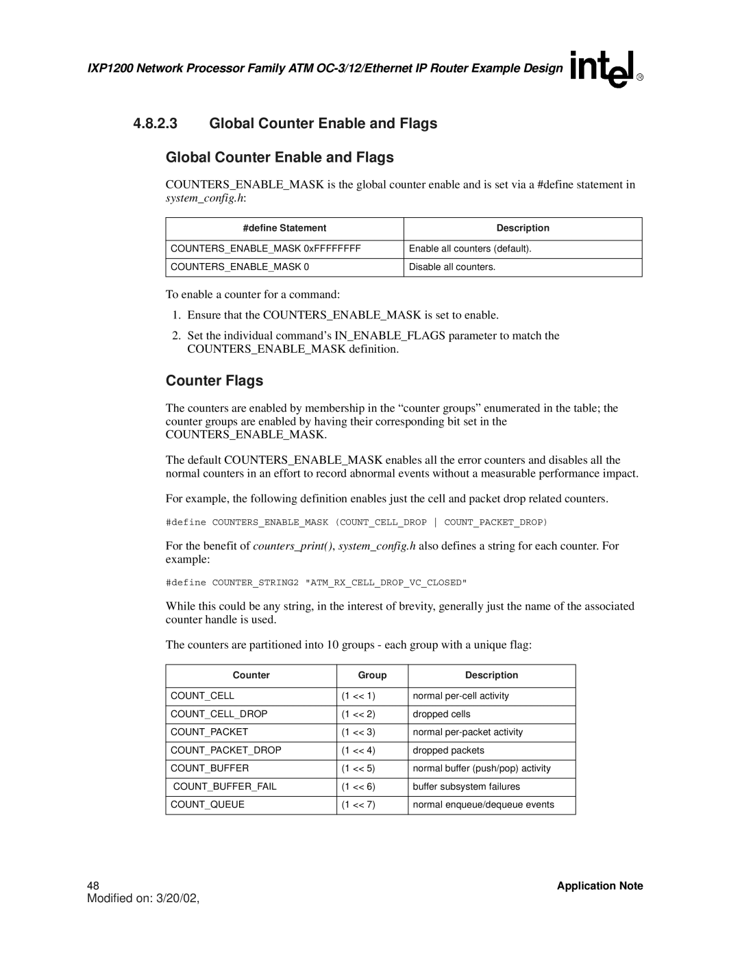 Intel IXP1200 Global Counter Enable and Flags, Counter Flags, #define Statement Description, Counter Group Description 