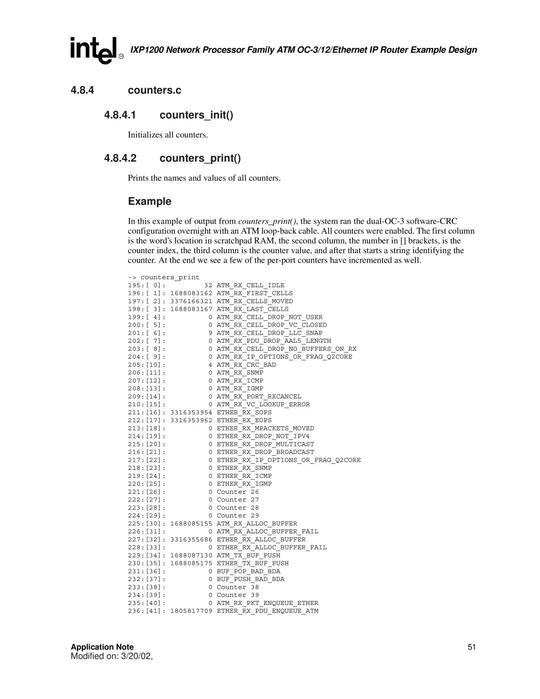 Intel IXP1200 manual Counters.c Countersinit, Countersprint 