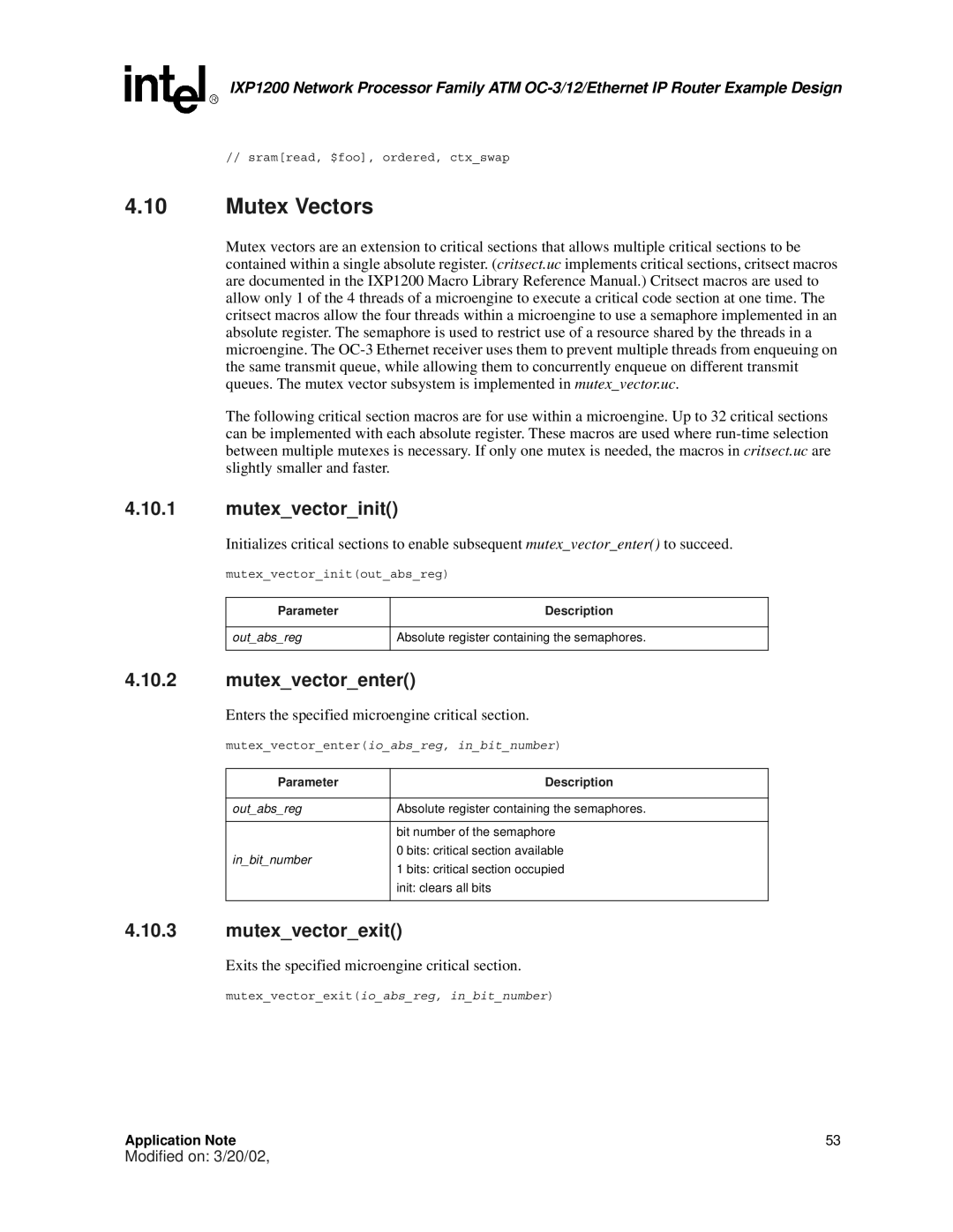 Intel IXP1200 manual Mutex Vectors, Mutexvectorinit, Mutexvectorenter, Mutexvectorexit 