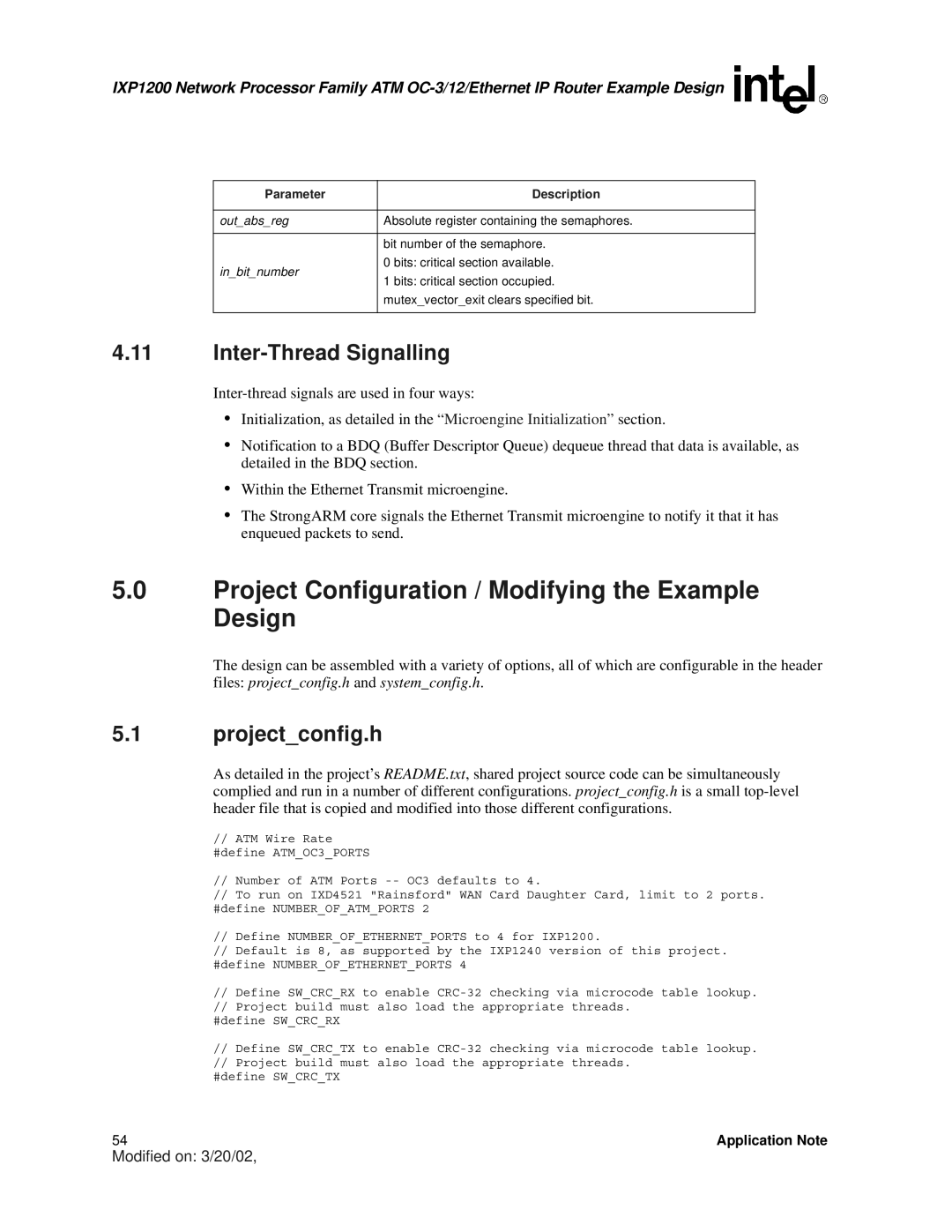 Intel IXP1200 manual Project Configuration / Modifying the Example Design, Inter-Thread Signalling, Projectconfig.h 