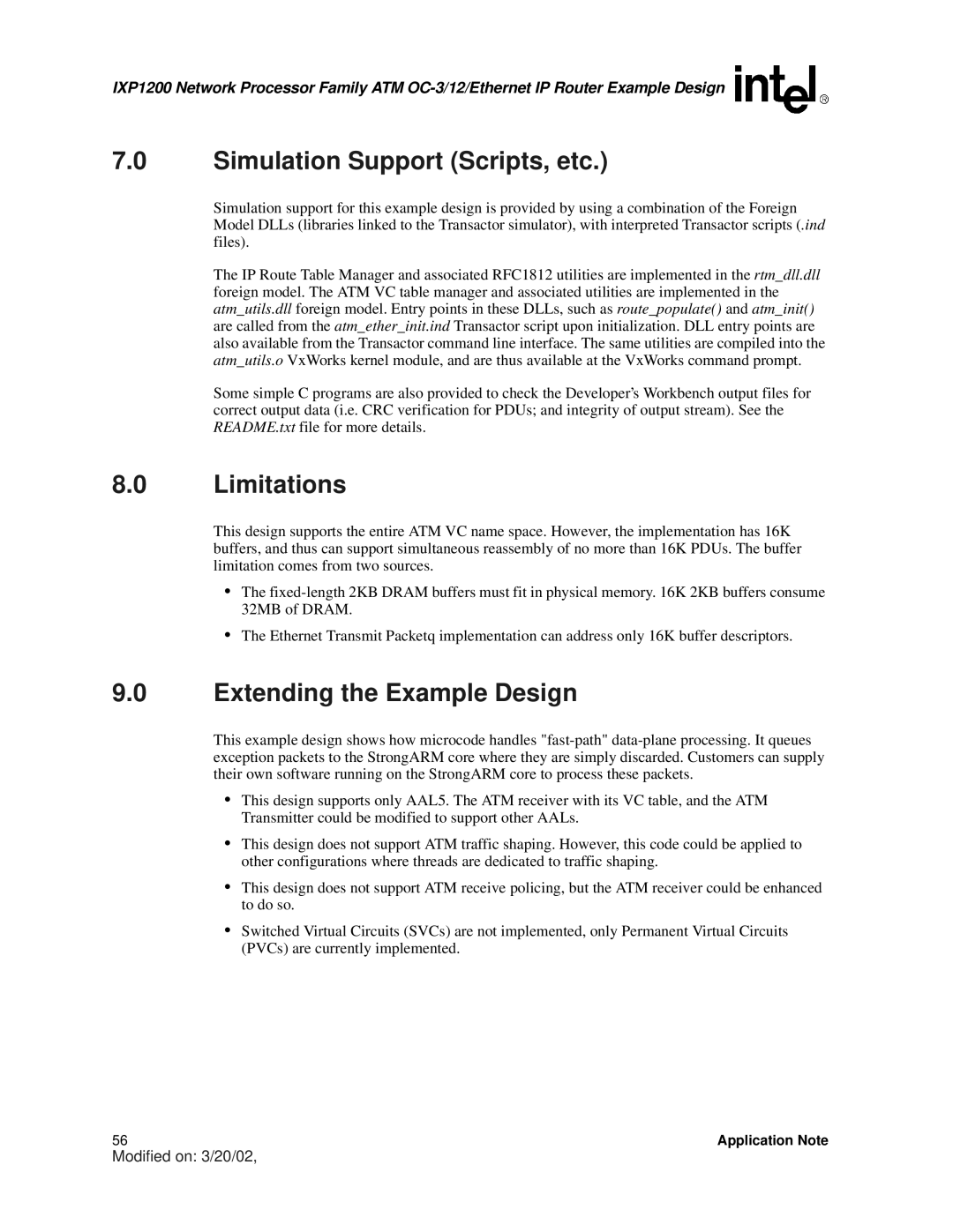 Intel IXP1200 manual Simulation Support Scripts, etc, Limitations, Extending the Example Design 