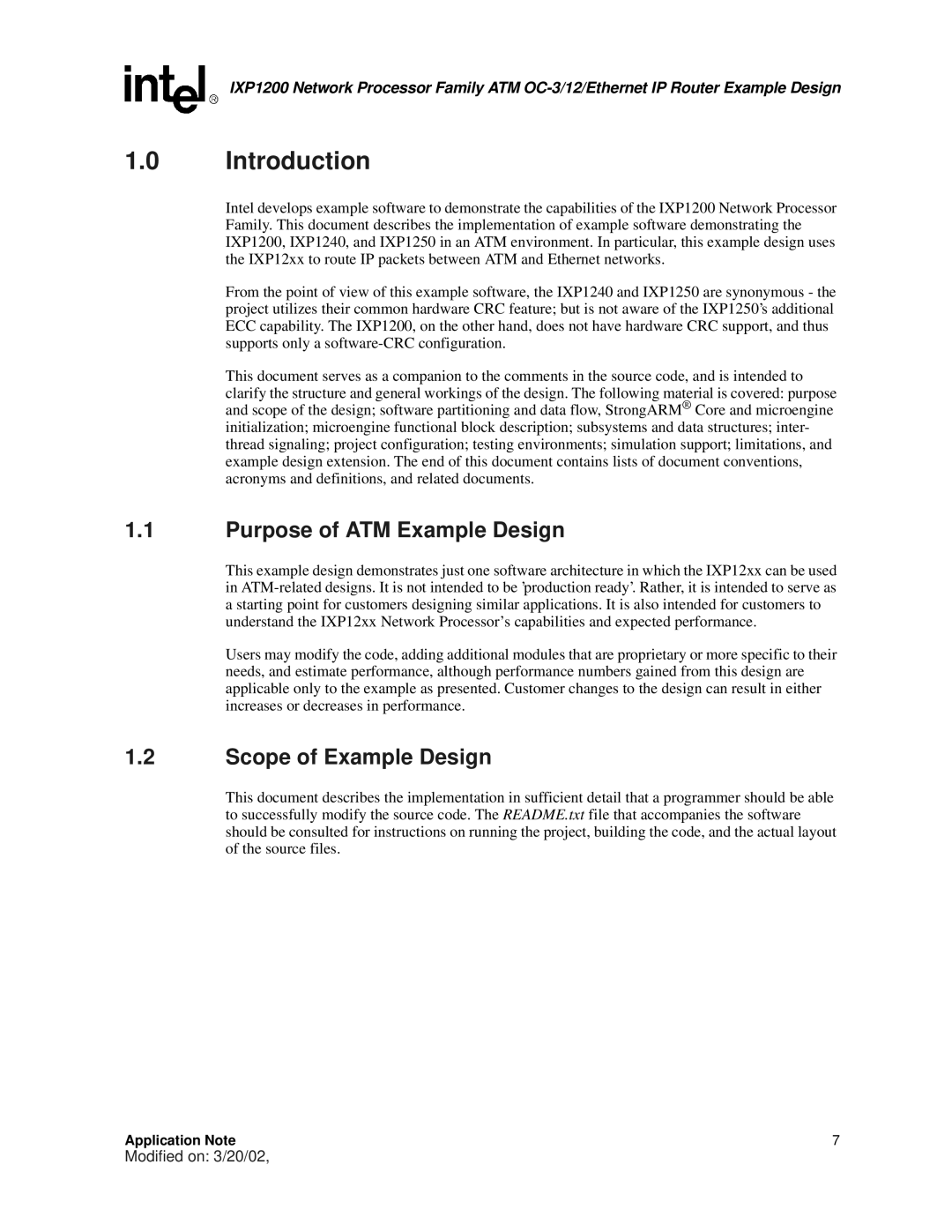 Intel IXP1200 manual Introduction, Purpose of ATM Example Design, Scope of Example Design 