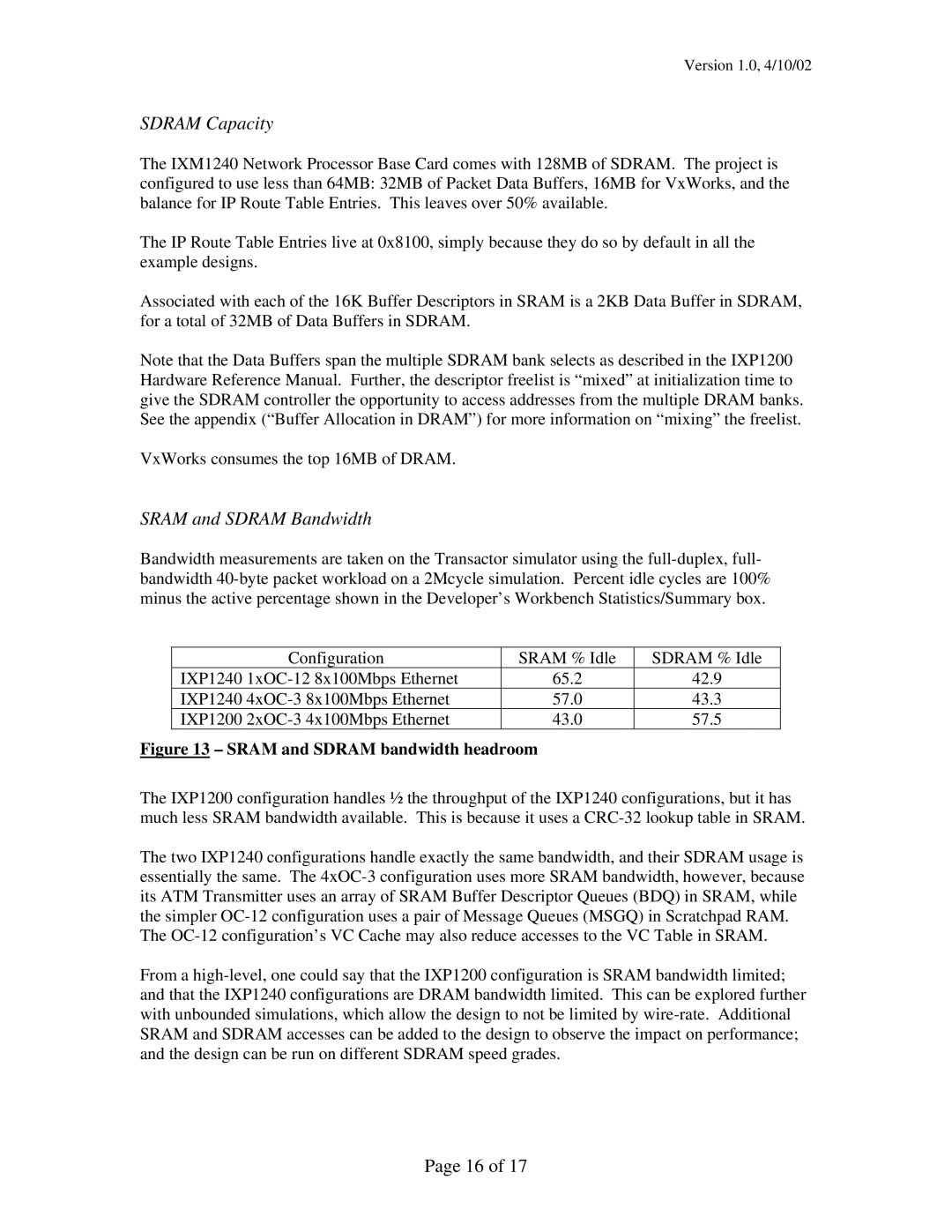 Intel IXP12xx manual Sdram Capacity, Sram and Sdram Bandwidth 