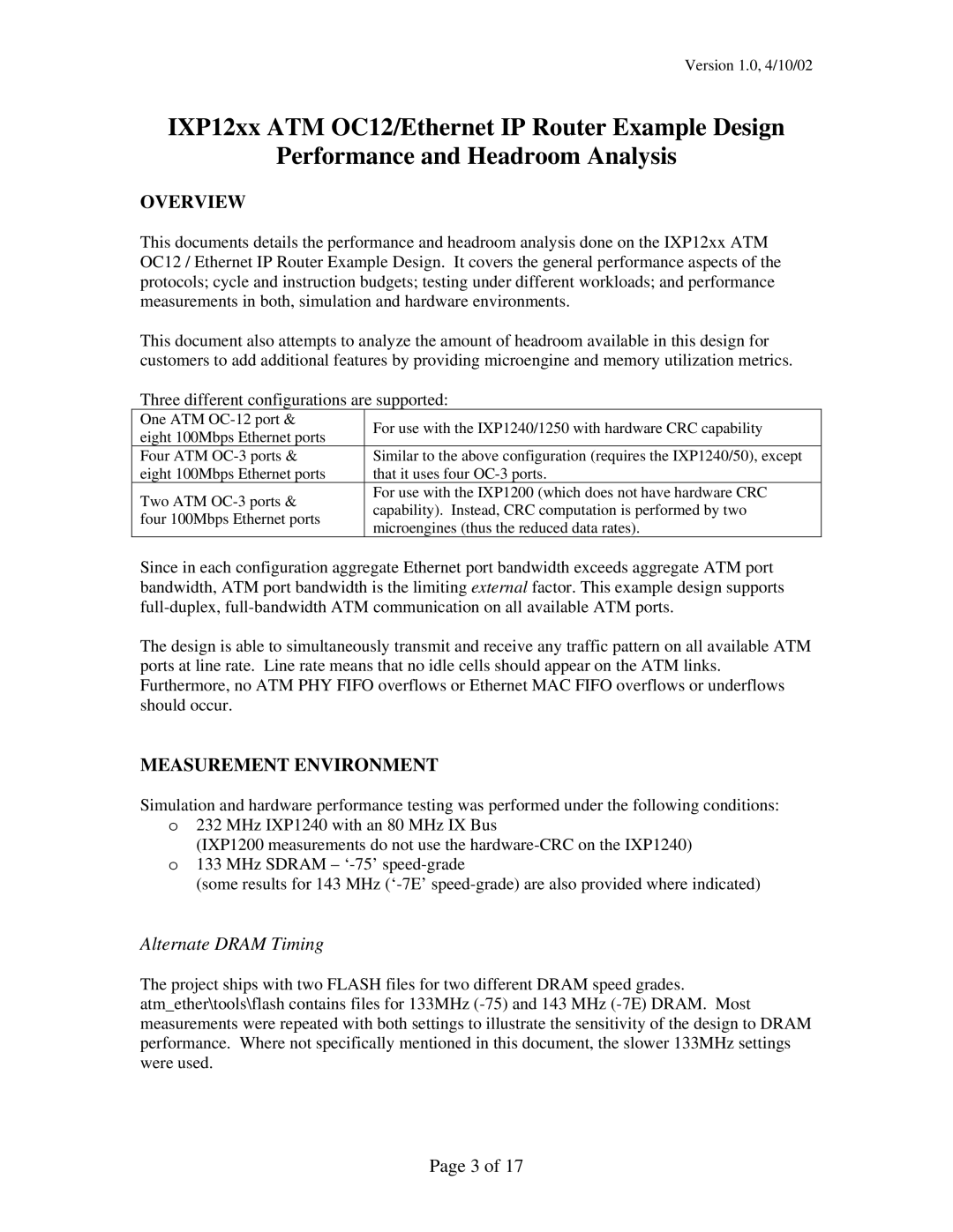 Intel IXP12xx manual Overview, Measurement Environment, Alternate Dram Timing 