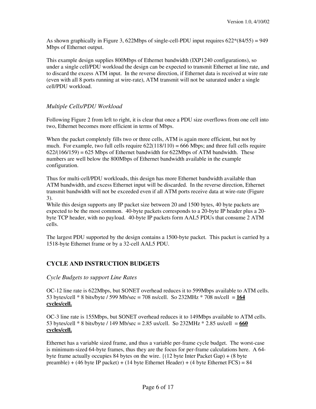 Intel IXP12xx Multiple Cells/PDU Workload, Cycle and Instruction Budgets, Cycle Budgets to support Line Rates, Cycles/cell 