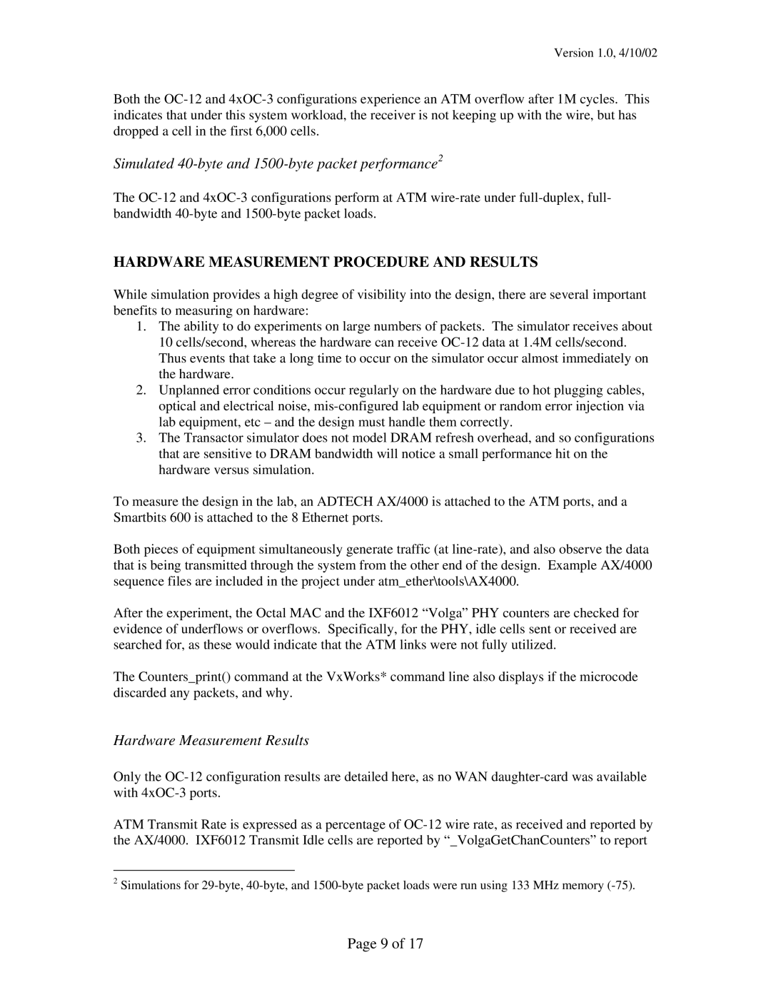 Intel IXP12xx manual Simulated 40-byte and 1500-byte packet performance2, Hardware Measurement Procedure and Results 