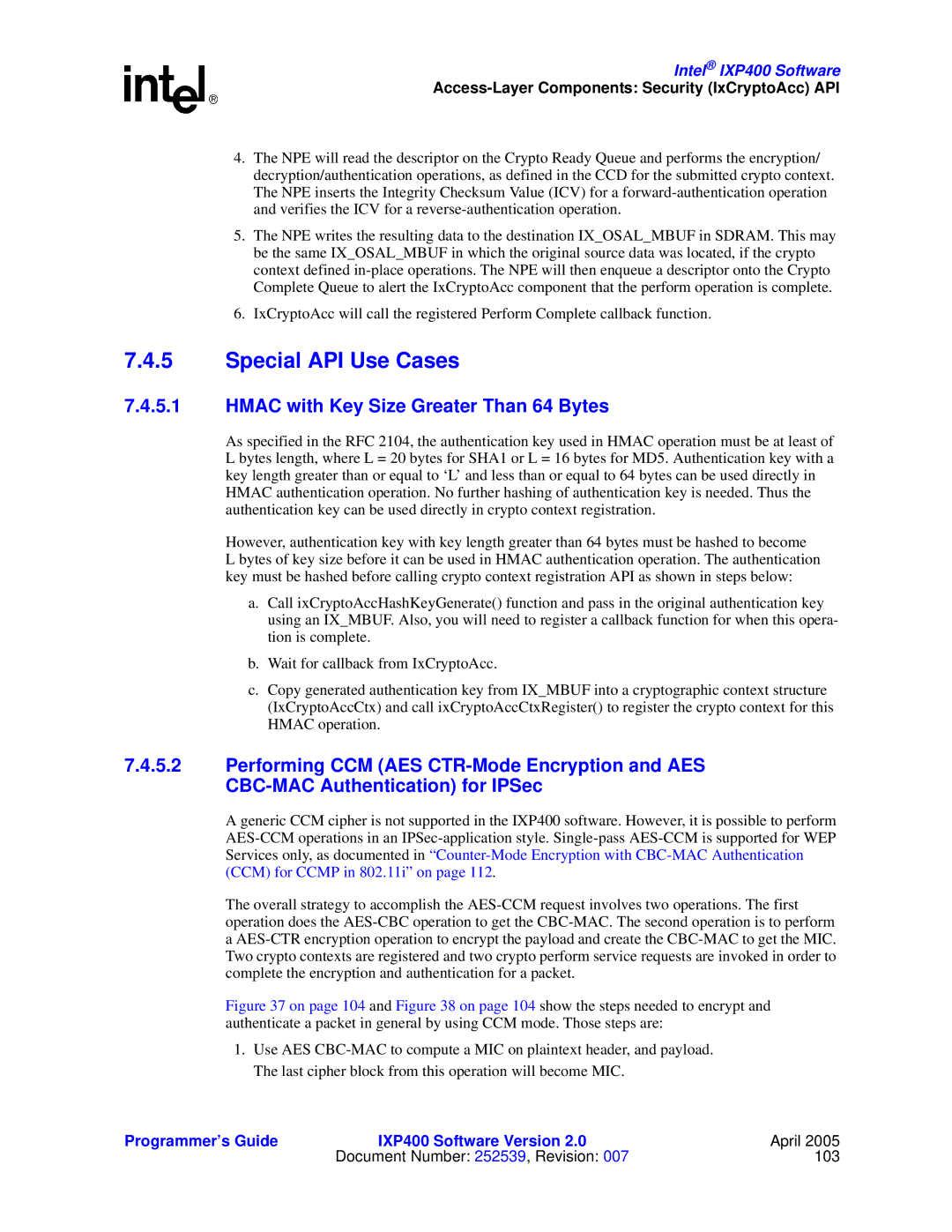 Intel IXP400 manual Special API Use Cases, Hmac with Key Size Greater Than 64 Bytes 