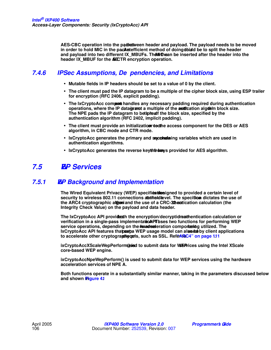 Intel IXP400 manual WEP Services, IPSec Assumptions, Dependencies, and Limitations, WEP Background and Implementation 