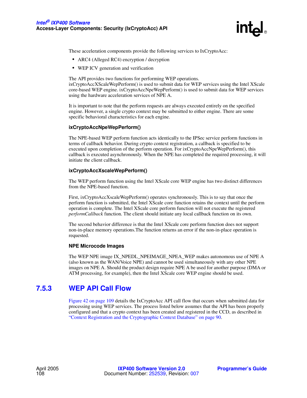 Intel IXP400 manual WEP API Call Flow, IxCryptoAccNpeWepPerform, IxCryptoAccXscaleWepPerform, NPE Microcode Images 