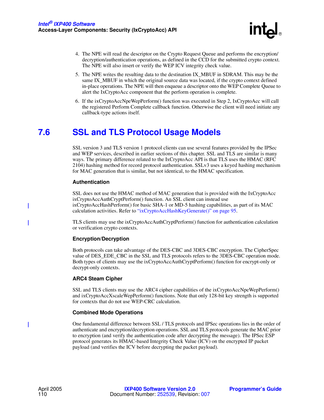 Intel IXP400 manual SSL and TLS Protocol Usage Models, Authentication, Encryption/Decryption, ARC4 Steam Cipher 