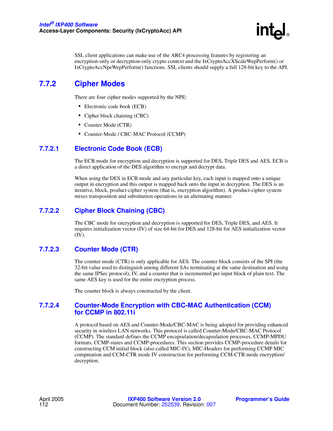 Intel IXP400 manual Cipher Modes, Electronic Code Book ECB, Cipher Block Chaining CBC, Counter Mode CTR 