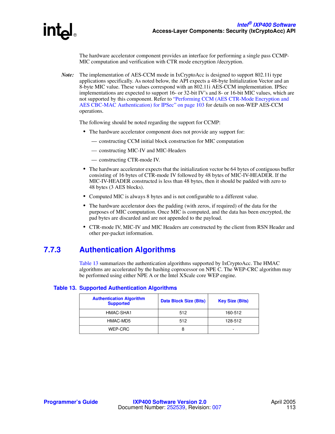 Intel IXP400 manual Supported Authentication Algorithms, Authentication Algorithm Data Block Size Bits Key Size Bits 