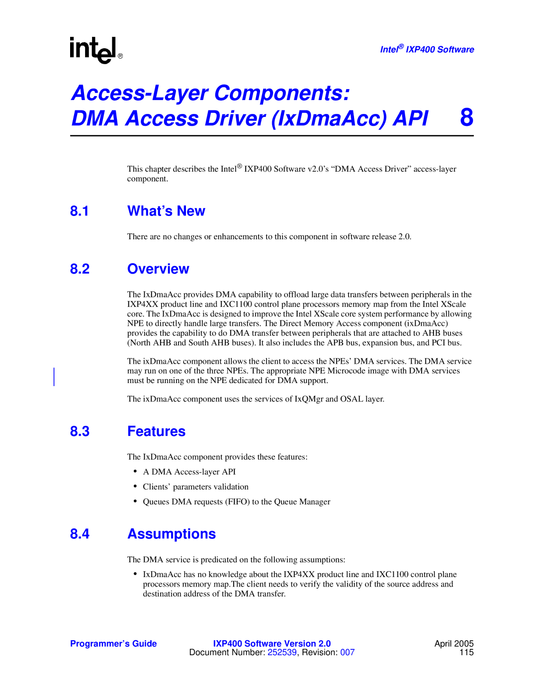 Intel IXP400 manual Access-Layer Components DMA Access Driver IxDmaAcc API, Features, Assumptions 