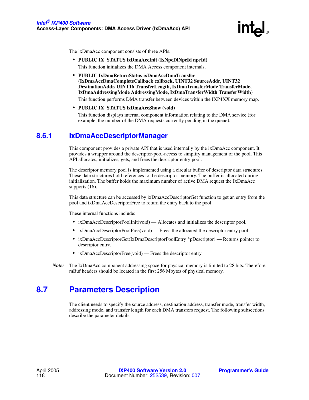 Intel IXP400 manual Parameters Description, IxDmaAccDescriptorManager 