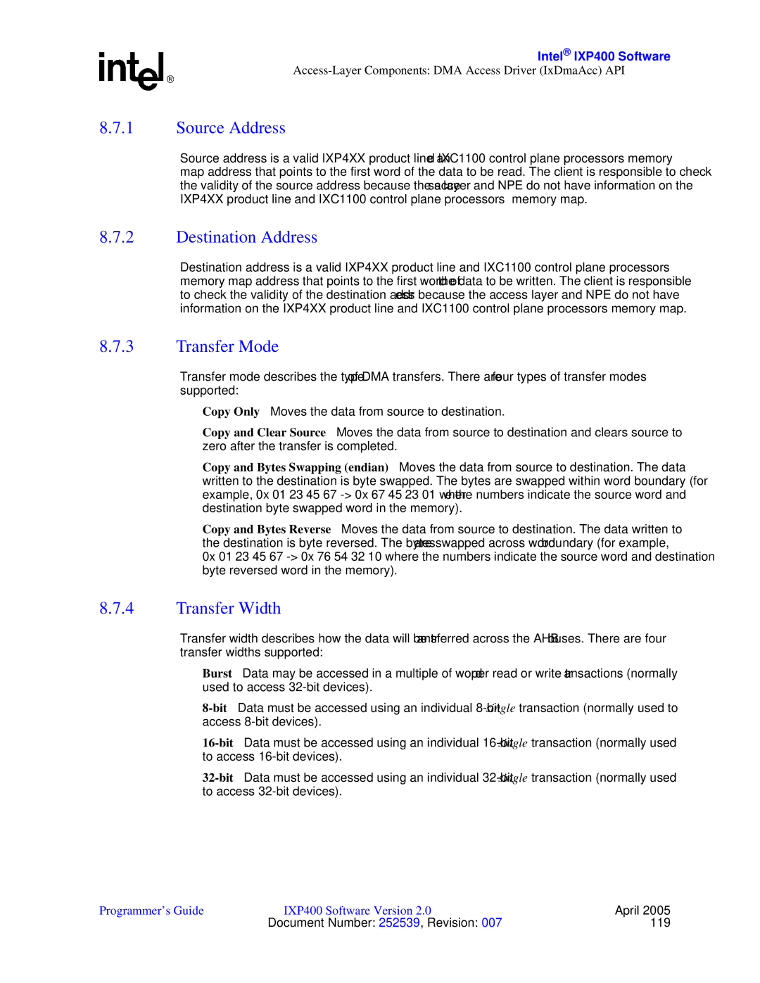 Intel IXP400 manual Source Address, Destination Address, Transfer Mode, Transfer Width 