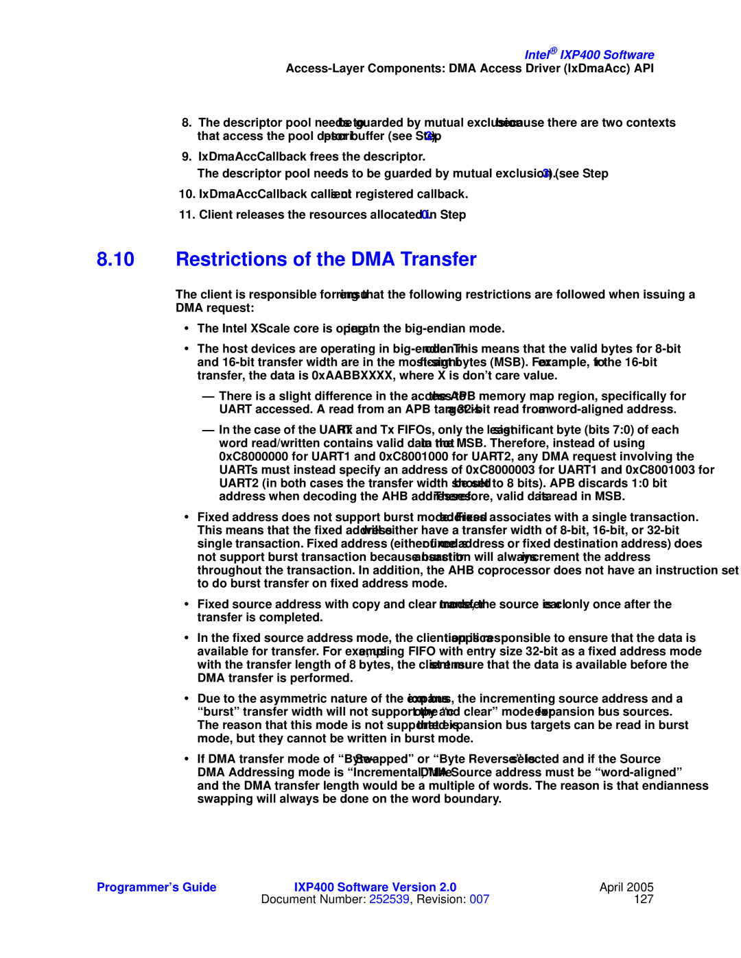 Intel IXP400 manual Restrictions of the DMA Transfer 