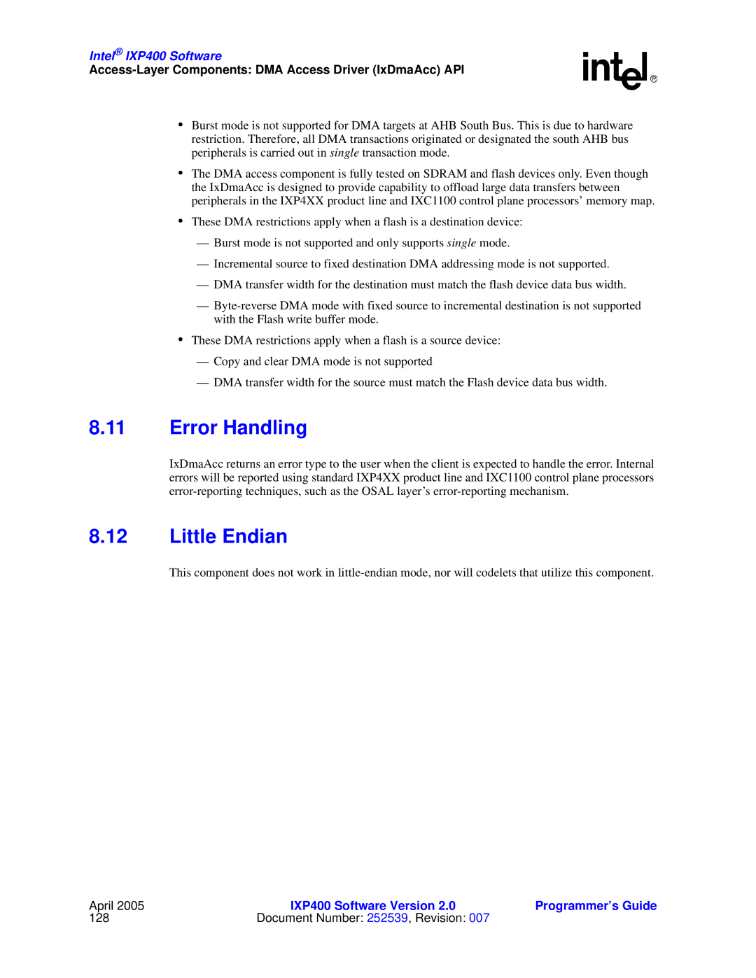 Intel IXP400 manual Error Handling, Little Endian 