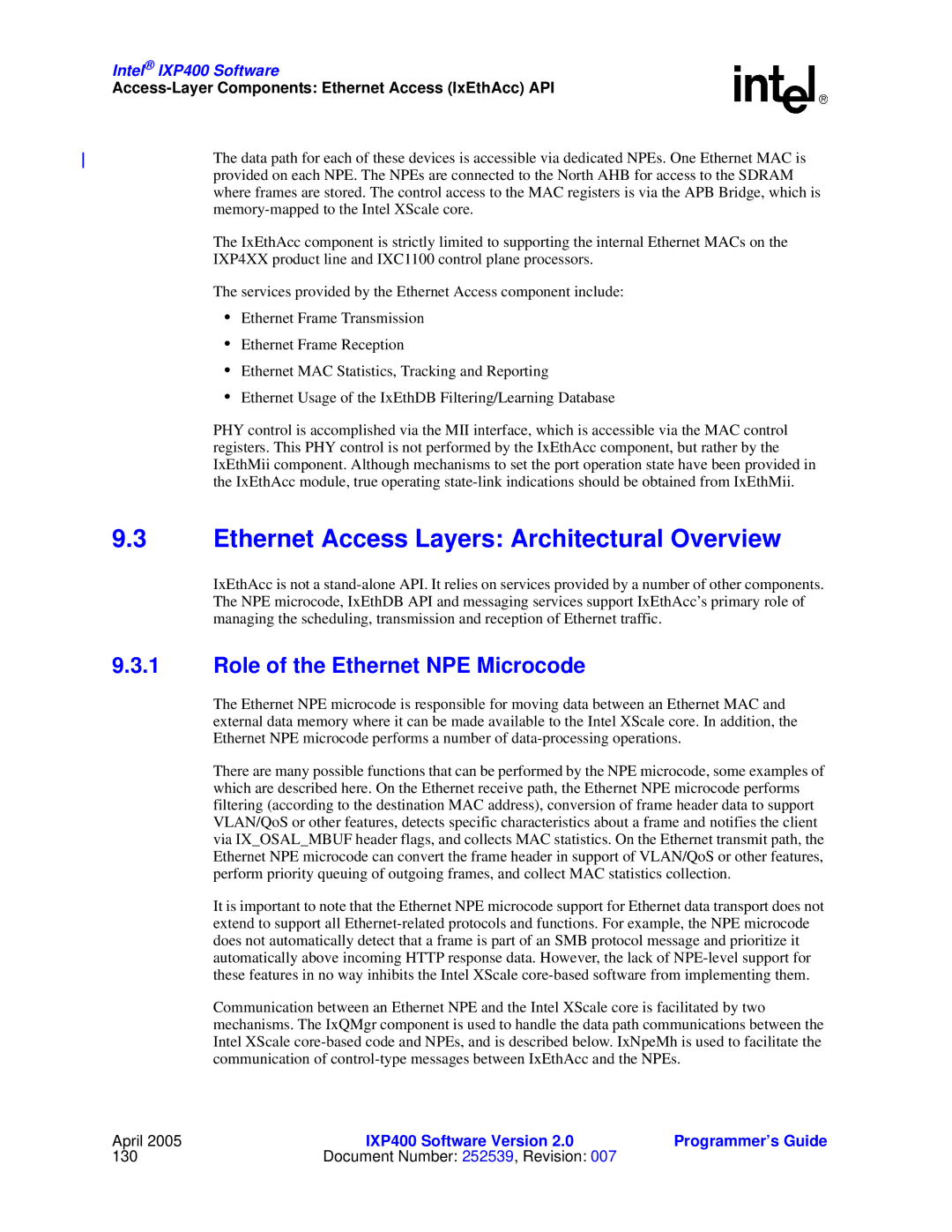 Intel IXP400 manual Ethernet Access Layers Architectural Overview, Role of the Ethernet NPE Microcode 