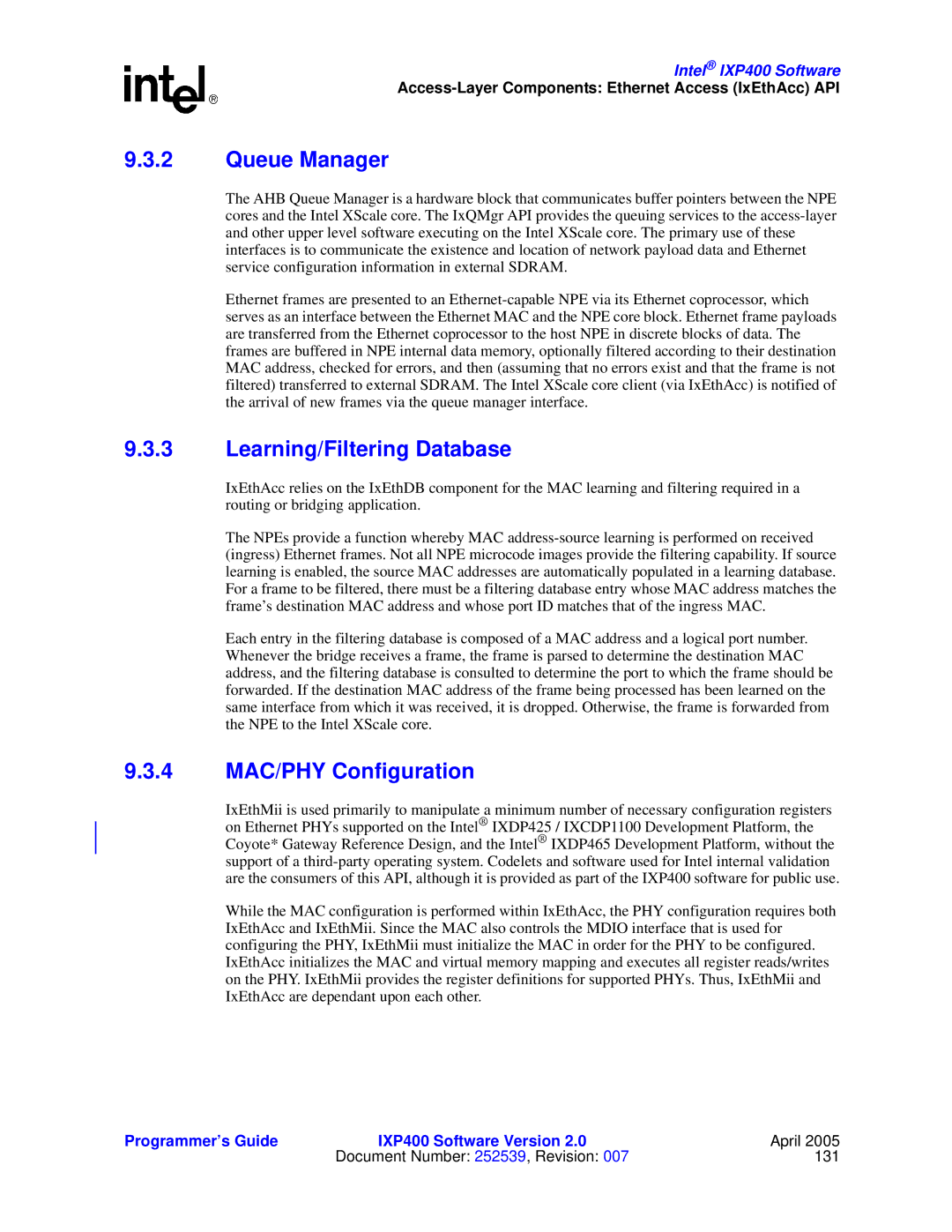 Intel IXP400 manual Queue Manager, Learning/Filtering Database, 4 MAC/PHY Configuration 