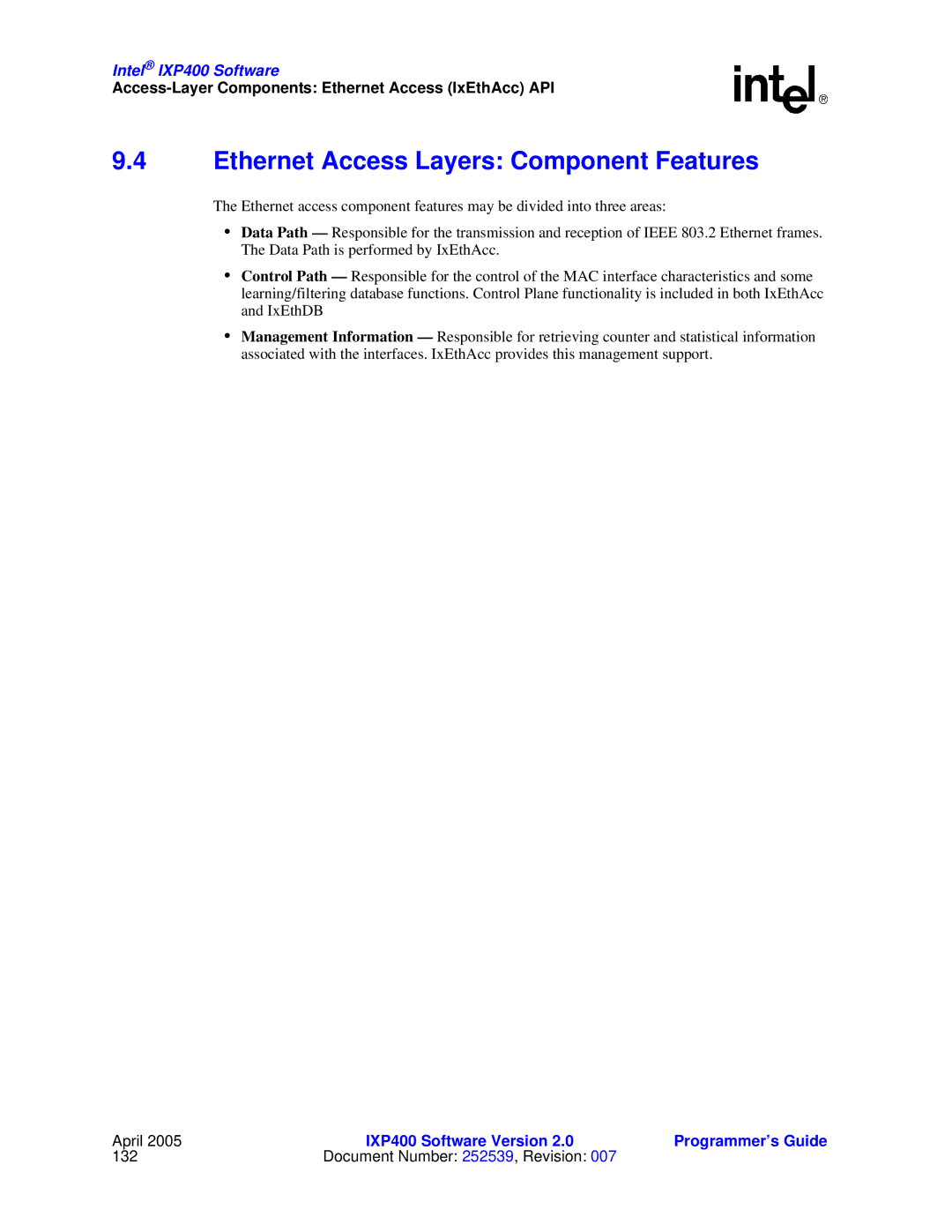 Intel IXP400 manual Ethernet Access Layers Component Features 