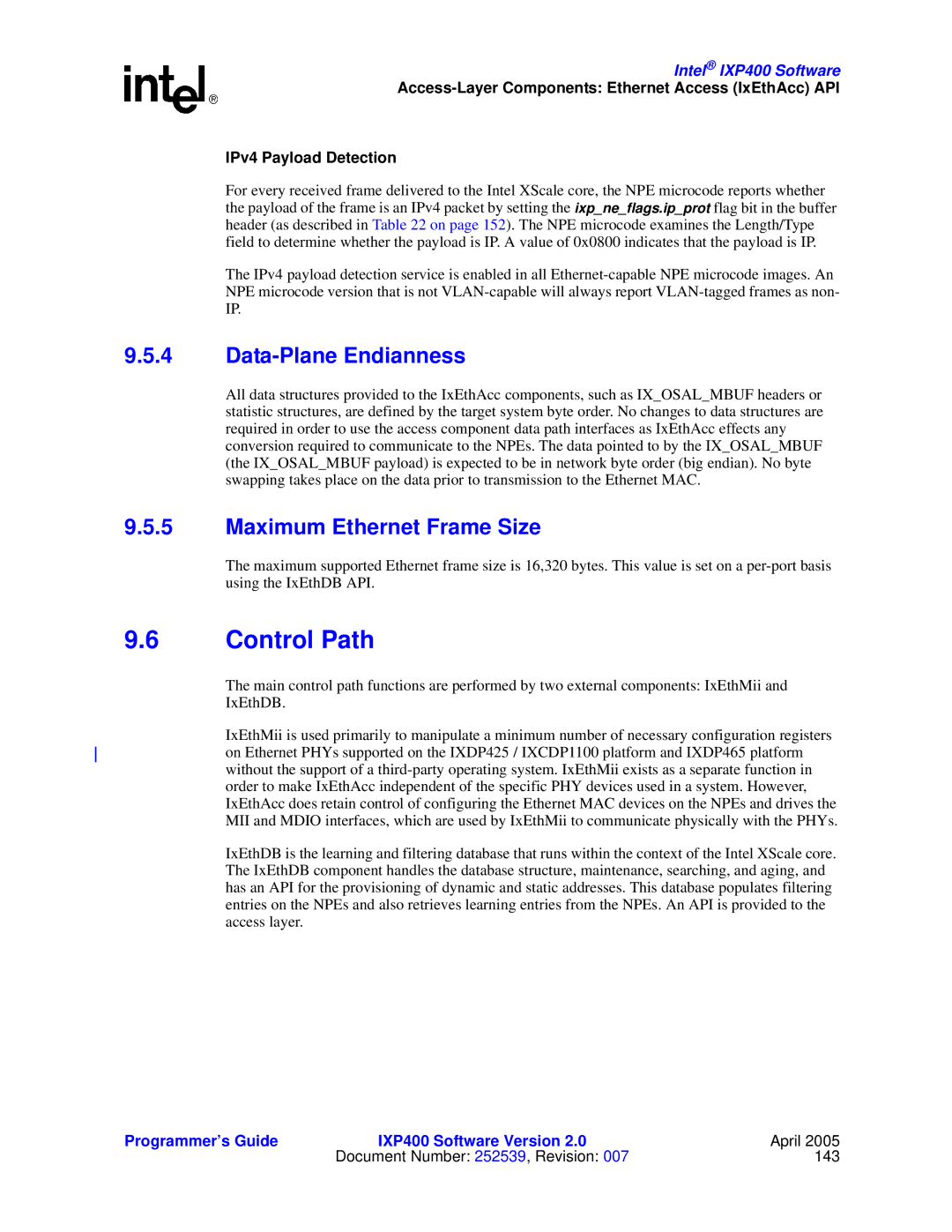 Intel IXP400 manual Control Path, Data-Plane Endianness, Maximum Ethernet Frame Size 